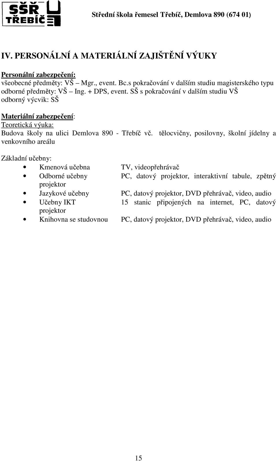 tělocvičny, posilovny, školní jídelny a venkovního areálu Základní učebny: Kmenová učebna TV, videopřehrávač Odborné učebny PC, datový projektor, interaktivní tabule, zpětný
