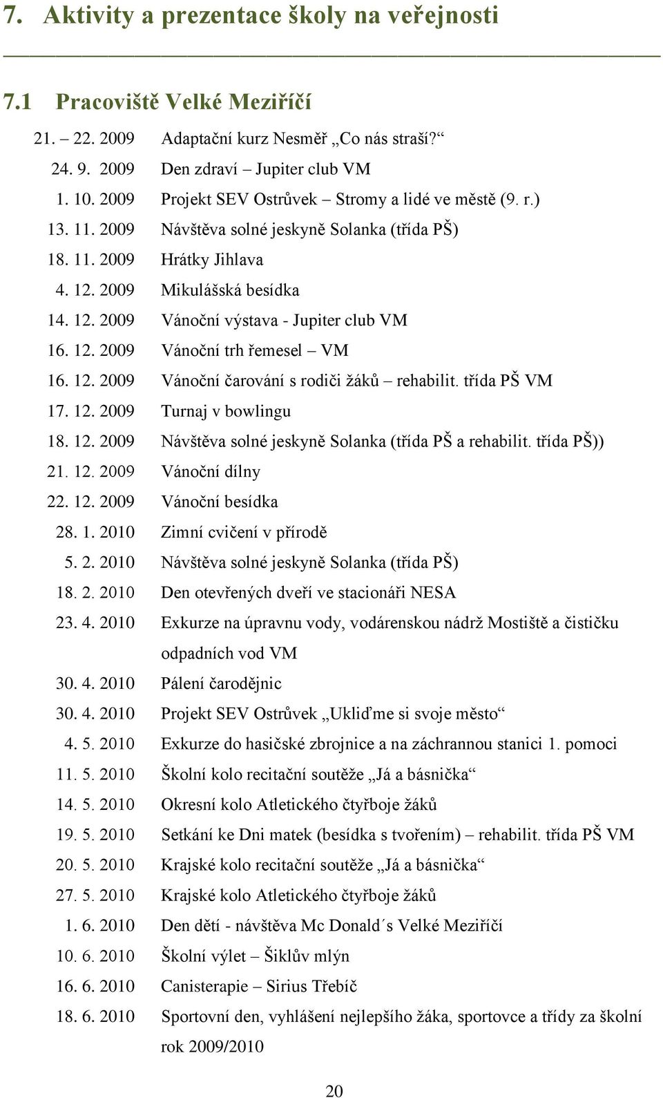 12. 2009 Vánoční trh řemesel VM 16. 12. 2009 Vánoční čarování s rodiči ţáků rehabilit. třída PŠ VM 17. 12. 2009 Turnaj v bowlingu 18. 12. 2009 Návštěva solné jeskyně Solanka (třída PŠ a rehabilit.