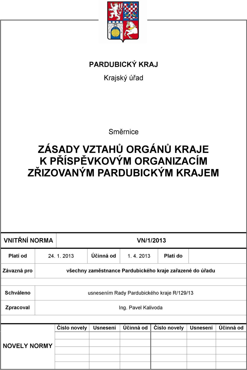 2013 Platí do Závazná pro všechny zaměstnance Pardubického kraje zařazené do úřadu Schváleno Zpracoval