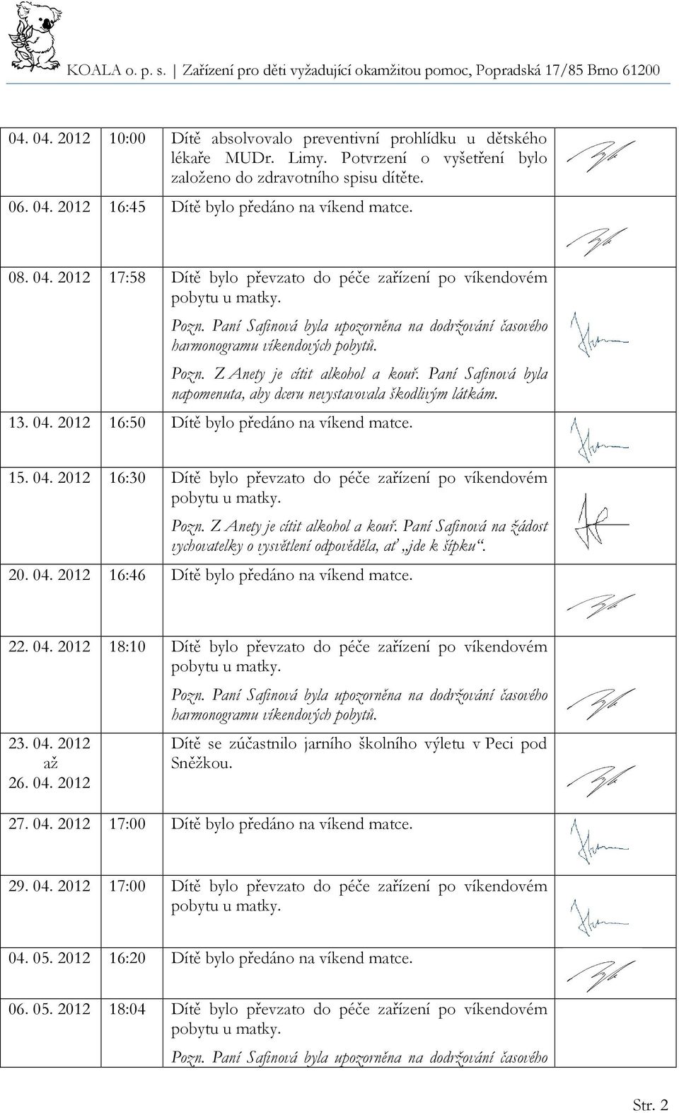 Paní Safinová byla upozorněna na dodržování časového harmonogramu víkendových pobytů. Pozn. Z Anety je cítit alkohol a kouř. Paní Safinová byla napomenuta, aby dceru nevystavovala škodlivým látkám.