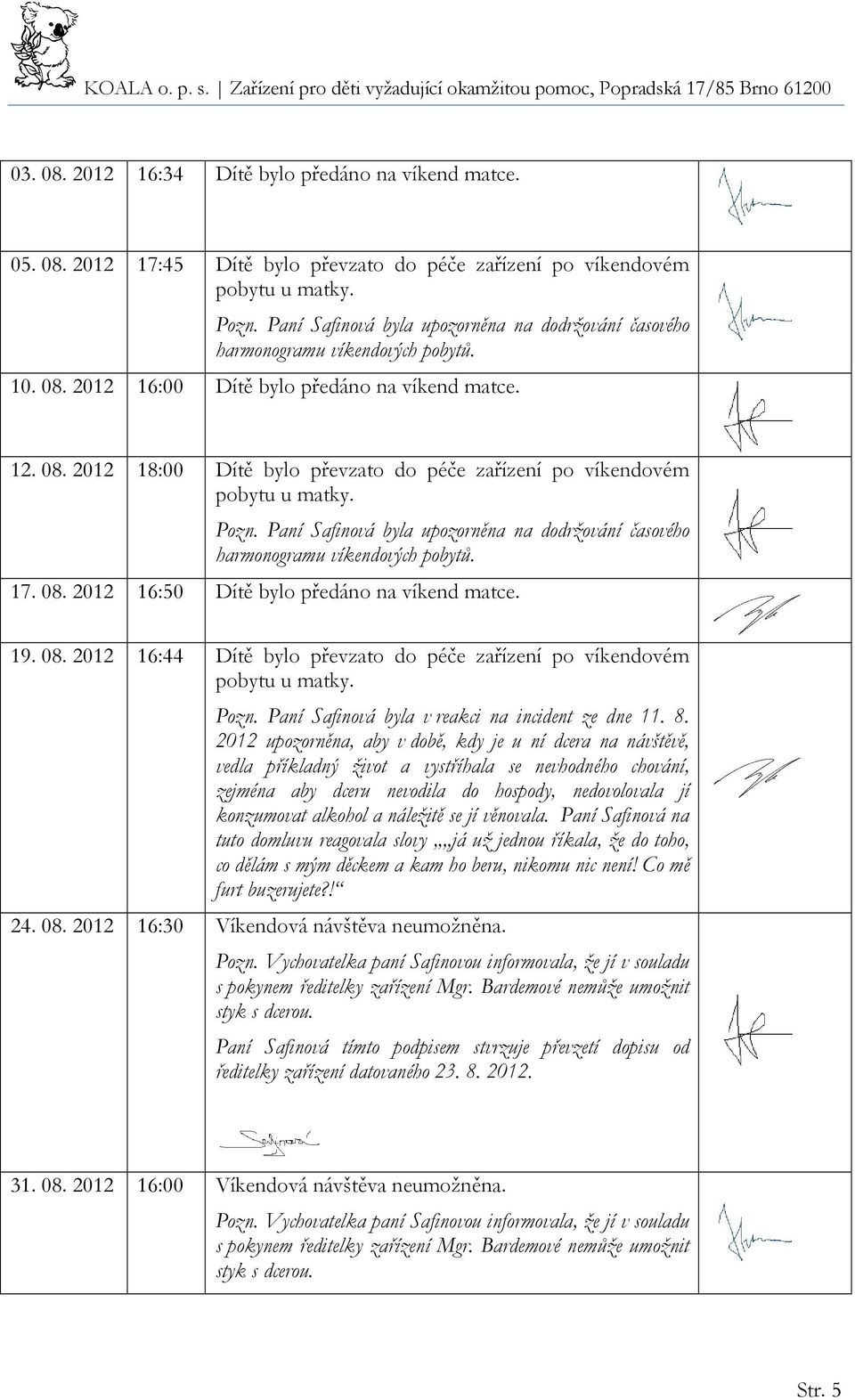 Paní Safinová byla upozorněna na dodržování časového harmonogramu víkendových pobytů. 17. 08. 2012 16:50 Dítě bylo předáno na víkend matce. 19. 08. 2012 16:44 Dítě bylo převzato do péče zařízení po víkendovém Pozn.