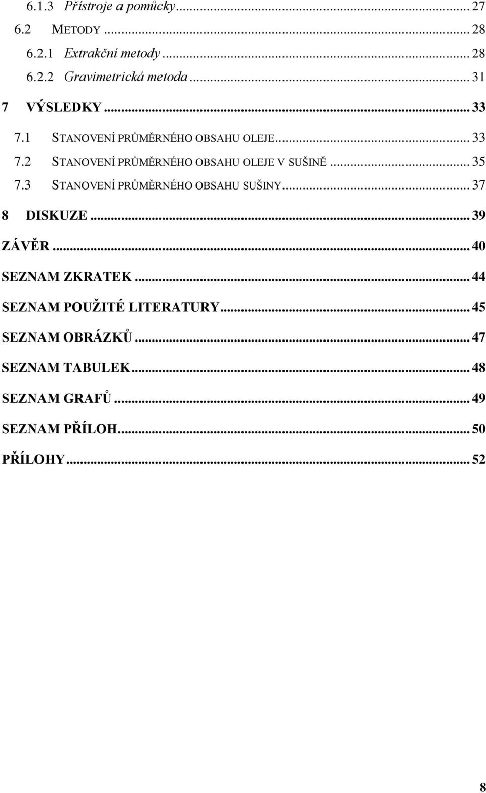 .. 35 7.3 STANOVENÍ PRŮMĚRNÉHO OBSAHU SUŠINY... 37 8 DISKUZE... 39 ZÁVĚR... 40 SEZNAM ZKRATEK.