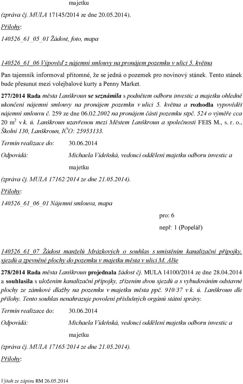 277/2014 Rada města Lanškroun se seznámila s podnětem odboru investic a majetku ohledně ukončení nájemní smlouvy na pronájem pozemku v ulici 5. května a rozhodla vypovědět nájemní smlouvu č.