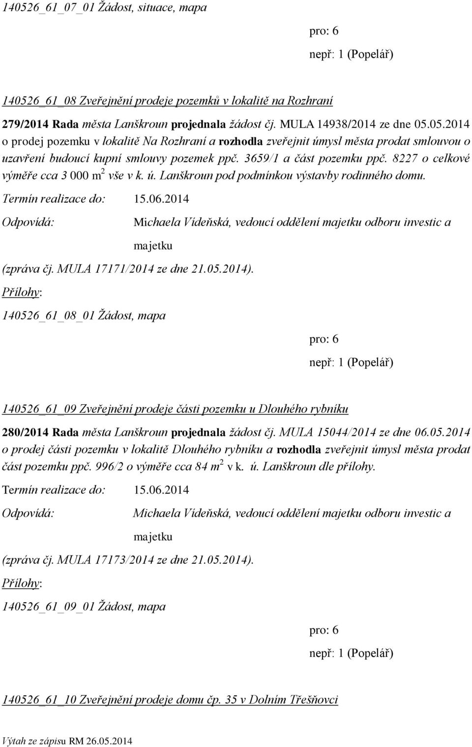 2014 Michaela Vídeňská, vedoucí oddělení majetku odboru investic a majetku (zpráva čj. MULA 17171/2014 ze dne 21.05.2014).