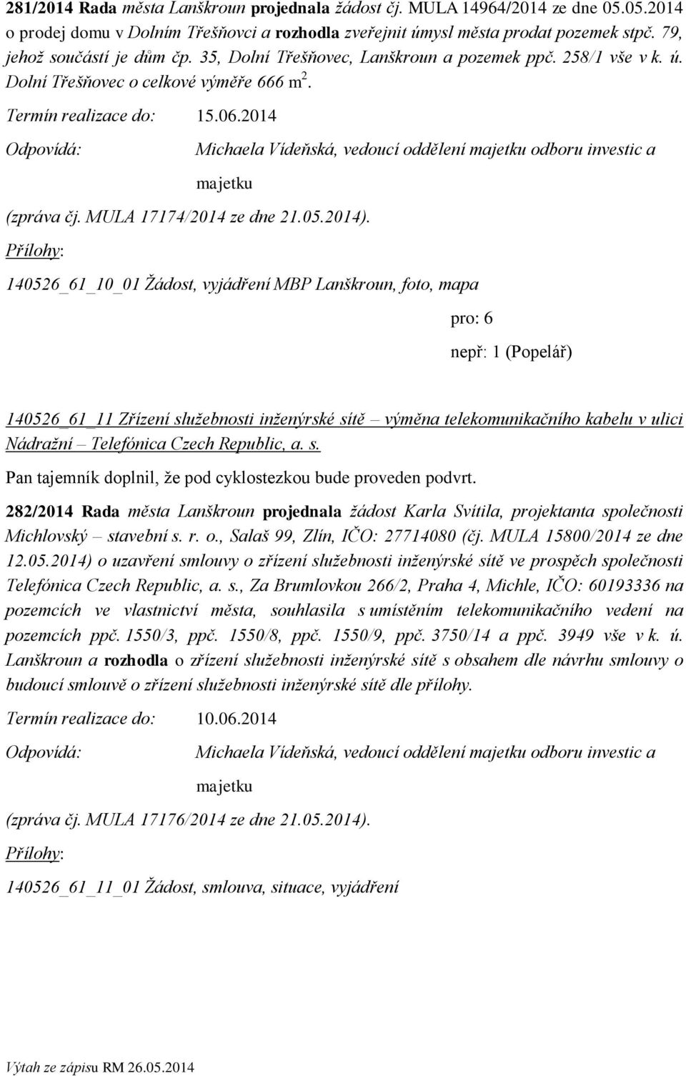 2014 Michaela Vídeňská, vedoucí oddělení majetku odboru investic a majetku (zpráva čj. MULA 17174/2014 ze dne 21.05.2014).