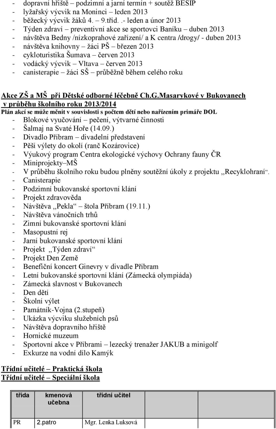 cykloturistika Šumava červen 2013 - vodácký výcvik Vltava červen 2013 - canisterapie žáci SŠ průběžně během celého roku Akce ZŠ a MŠ při Dětské odborné léčebně Ch.G.