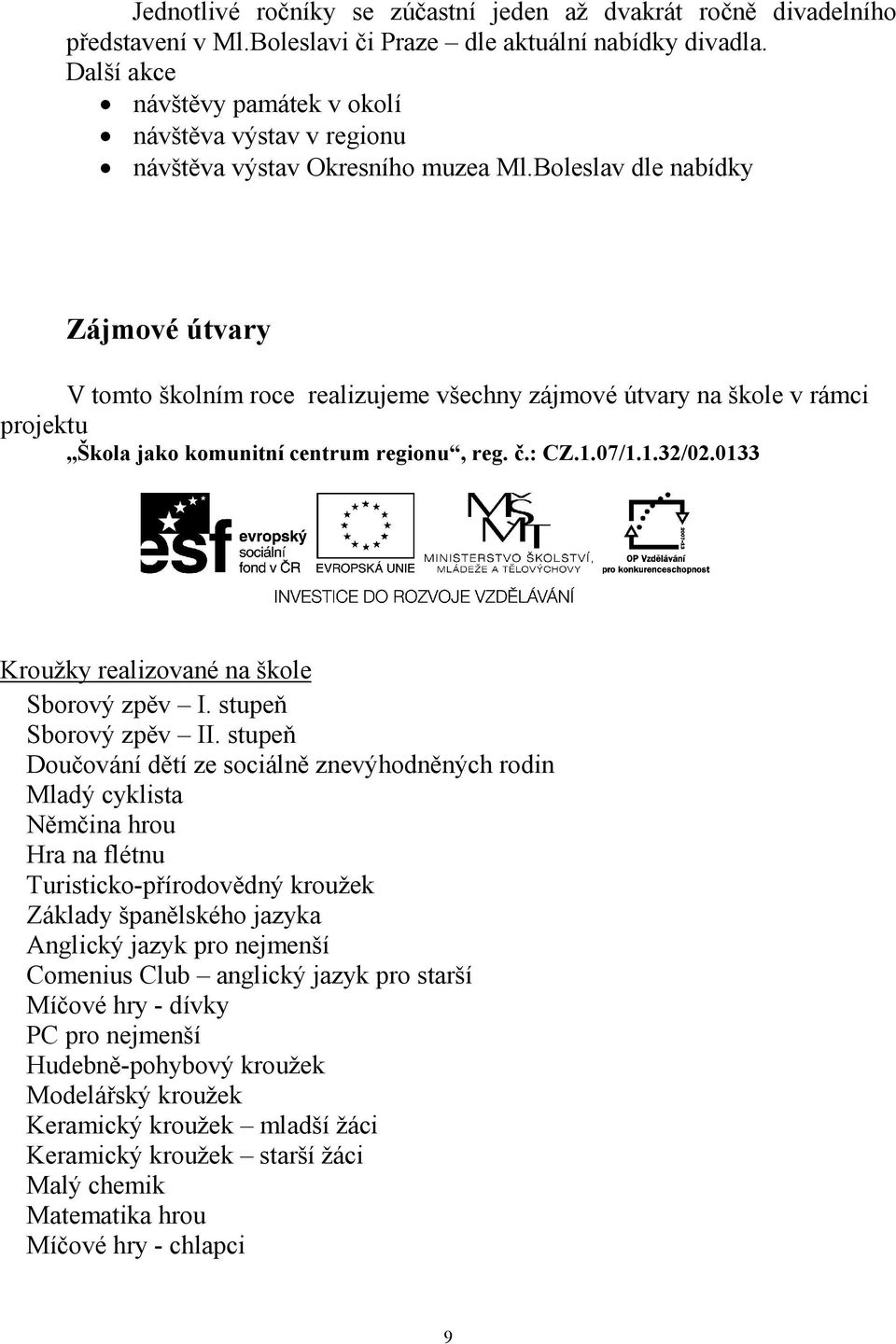 Boleslav dle nabídky Zájmové útvary V tomto školním roce realizujeme všechny zájmové útvary na škole v rámci projektu Škola jako komunitní centrum regionu, reg. č.: CZ.1.07/1.1.32/02.