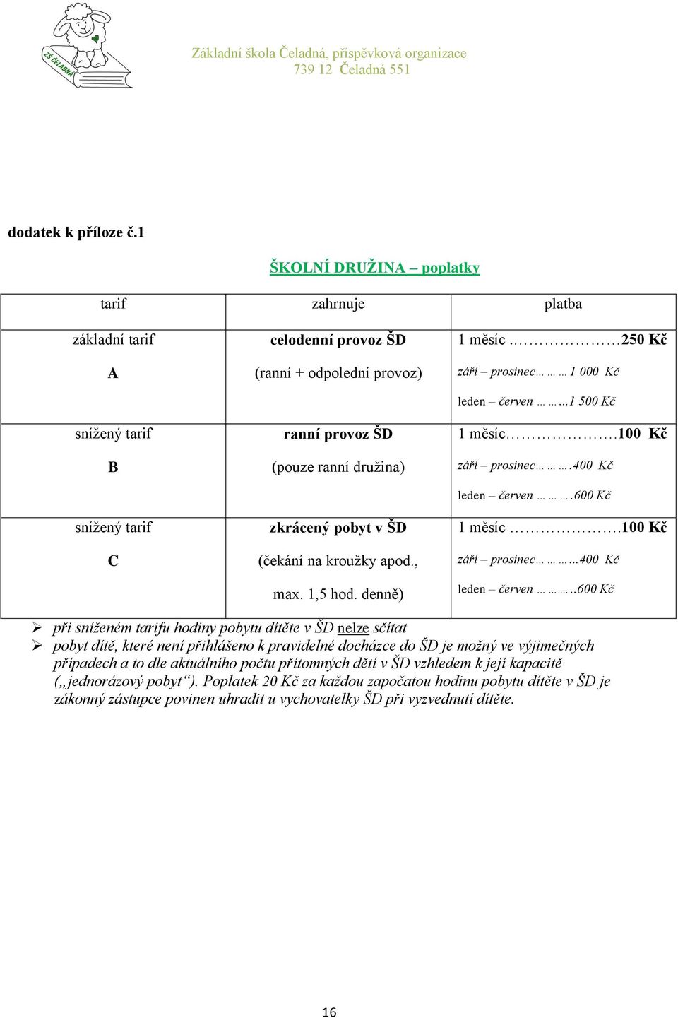 ŠD (čekání na kroužky apod., max. 1,5 hod. denně) 1 měsíc. 250 Kč září prosinec 1 000 Kč leden červen...1 500 Kč 1 měsíc.100 Kč září prosinec.400 Kč leden červen.