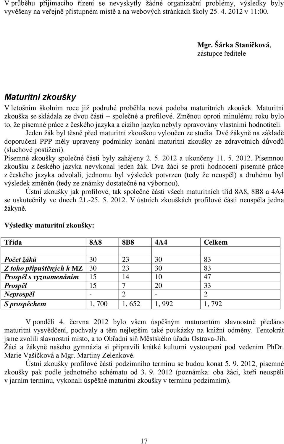 Změnou oproti minulému roku bylo to, že písemné práce z českého jazyka a cizího jazyka nebyly opravovány vlastními hodnotiteli. Jeden žák byl těsně před maturitní zkouškou vyloučen ze studia.