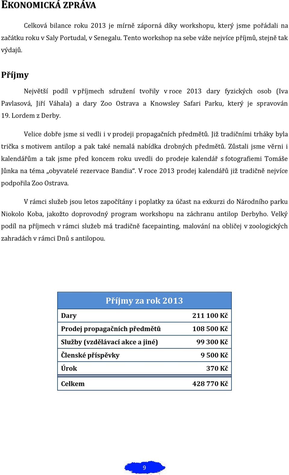 Příjmy Největší podíl v příjmech sdružení tvořily v roce 2013 dary fyzických osob (Iva Pavlasová, Jiří Váhala) a dary Zoo Ostrava a Knowsley Safari Parku, který je spravován 19. Lordem z Derby.