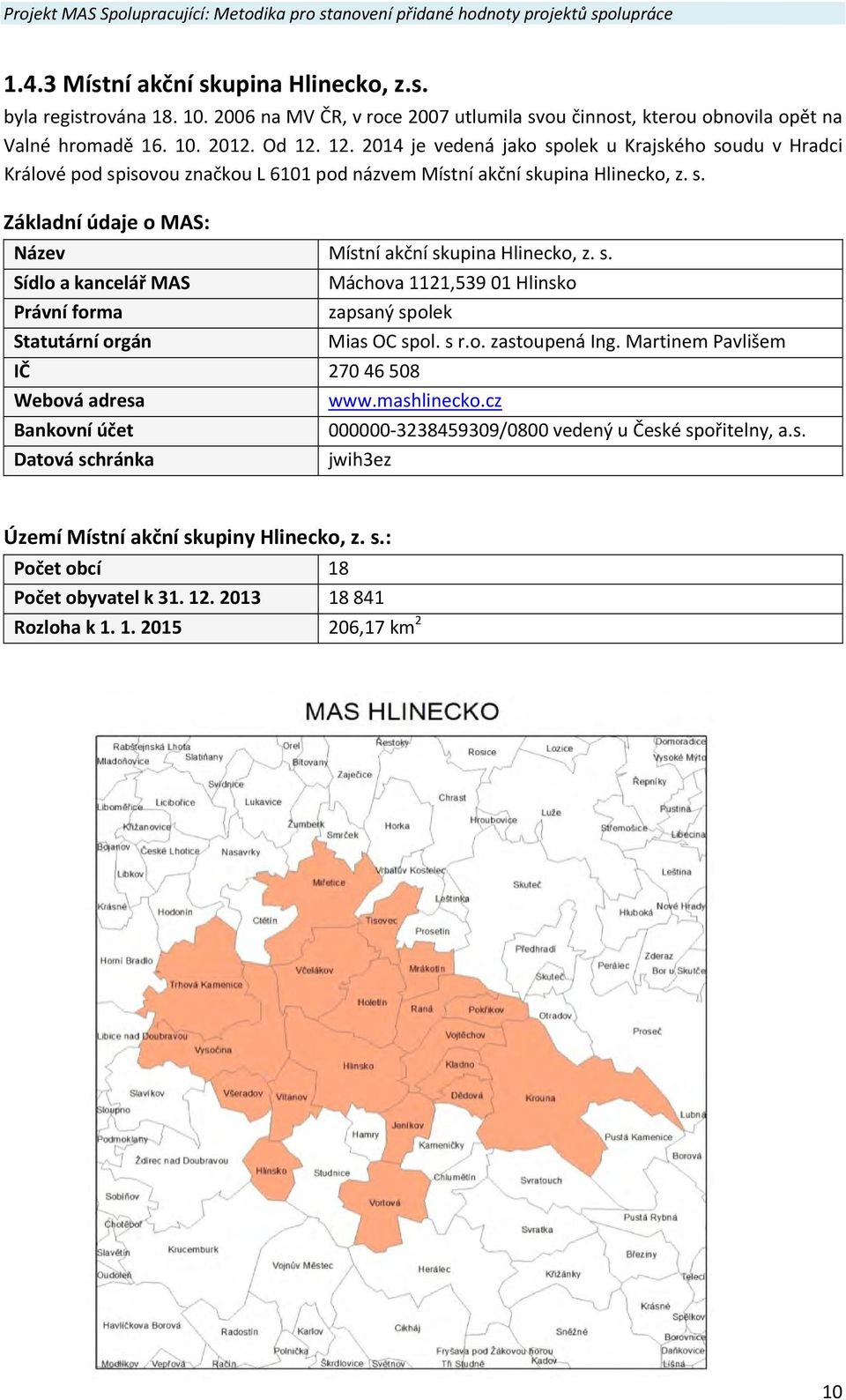 s. Sídlo a kancelář MAS Právní forma Statutární orgán Máchova 1121,539 01 Hlinsko zapsaný spolek IČ 270 46 508 Webová adresa Bankovní účet Datová schránka Mias OC spol. s r.o. zastoupená Ing.