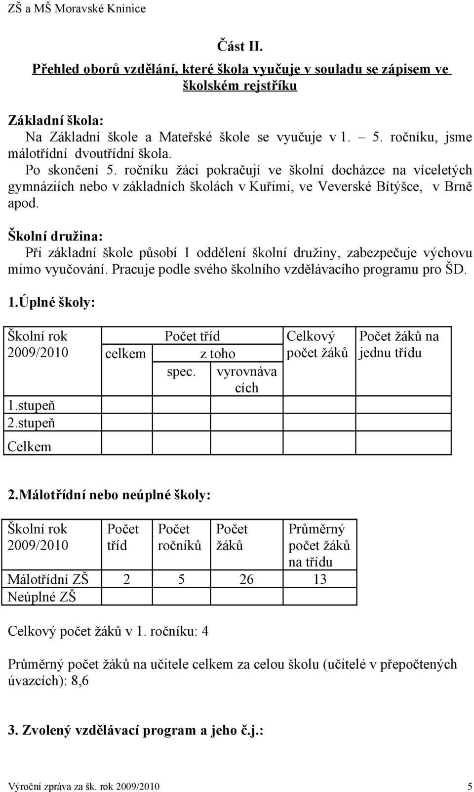 Školní družina: Při základní škole působí 1 oddělení školní družiny, zabezpečuje výchovu mimo vyučování. Pracuje podle svého školního vzdělávacího programu pro ŠD. 1.Úplné školy: Školní rok 2009/2010 1.