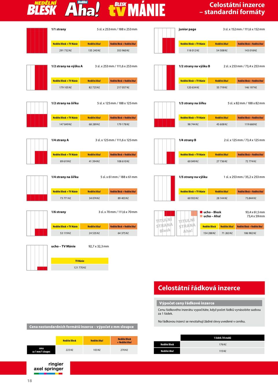 x 253 mm / 111,6 x 253 mm 1/2 strany na výšku B 2 sl. x 253 mm / 73,4 x 253 mm Nedělní Blesk + TV Mánie Nedělní Aha! Nedělní Blesk + Nedělní Aha!
