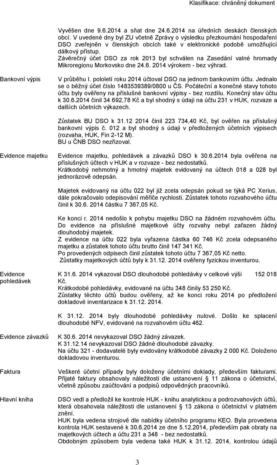 Závěrečný účet DSO za rok 2013 byl schválen na Zasedání valné hromady Mikroregionu Morkovsko dne 24.6. 2014 výrokem - bez výhrad. Bankovní výpis V průběhu I.