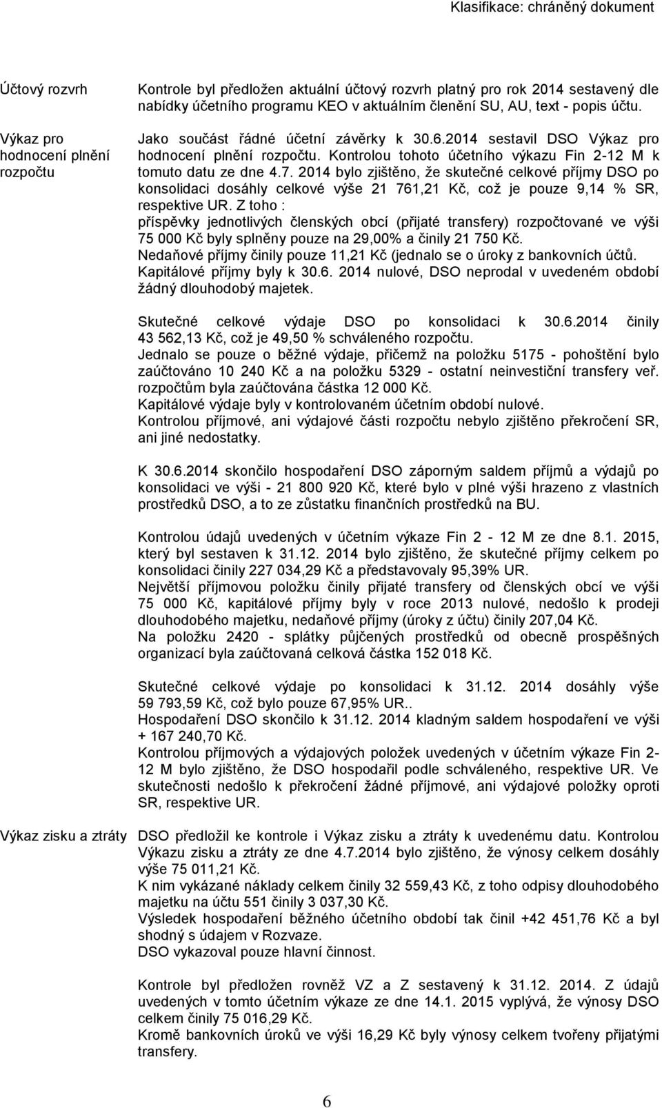 2014 bylo zjištěno, že skutečné celkové příjmy DSO po konsolidaci dosáhly celkové výše 21 761,21 Kč, což je pouze 9,14 % SR, respektive UR.