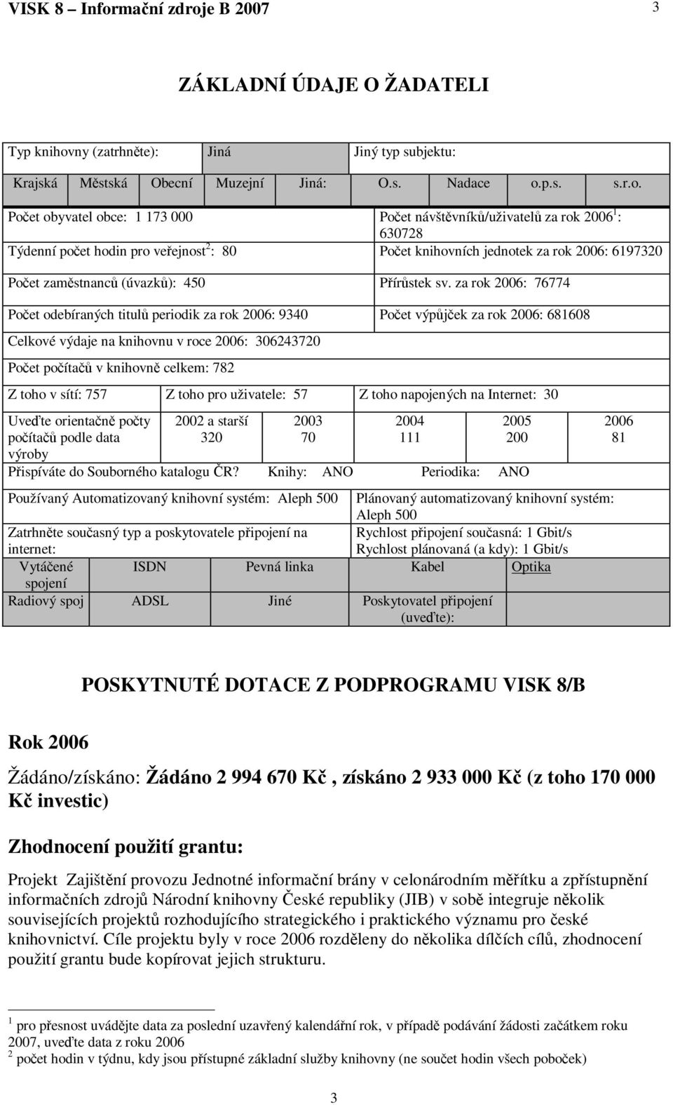 e B 2007 3 ZÁKLADNÍ ÚDAJE O ŽADATELI Typ knihov