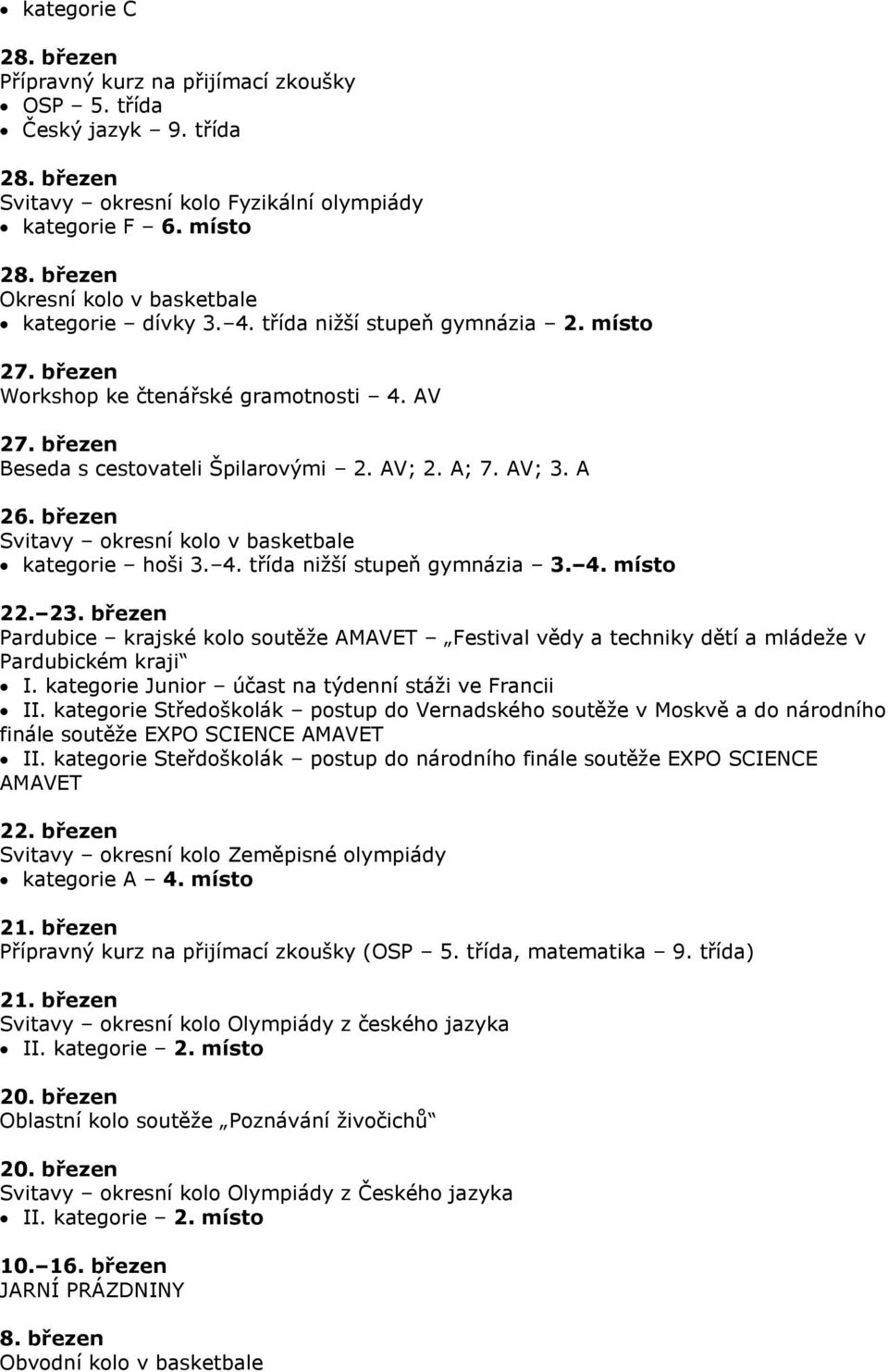 A; 7. AV; 3. A 26. březen Svitavy okresní kolo v basketbale kategorie hoši 3. 4. třída nižší stupeň gymnázia 3. 4. místo 22. 23.