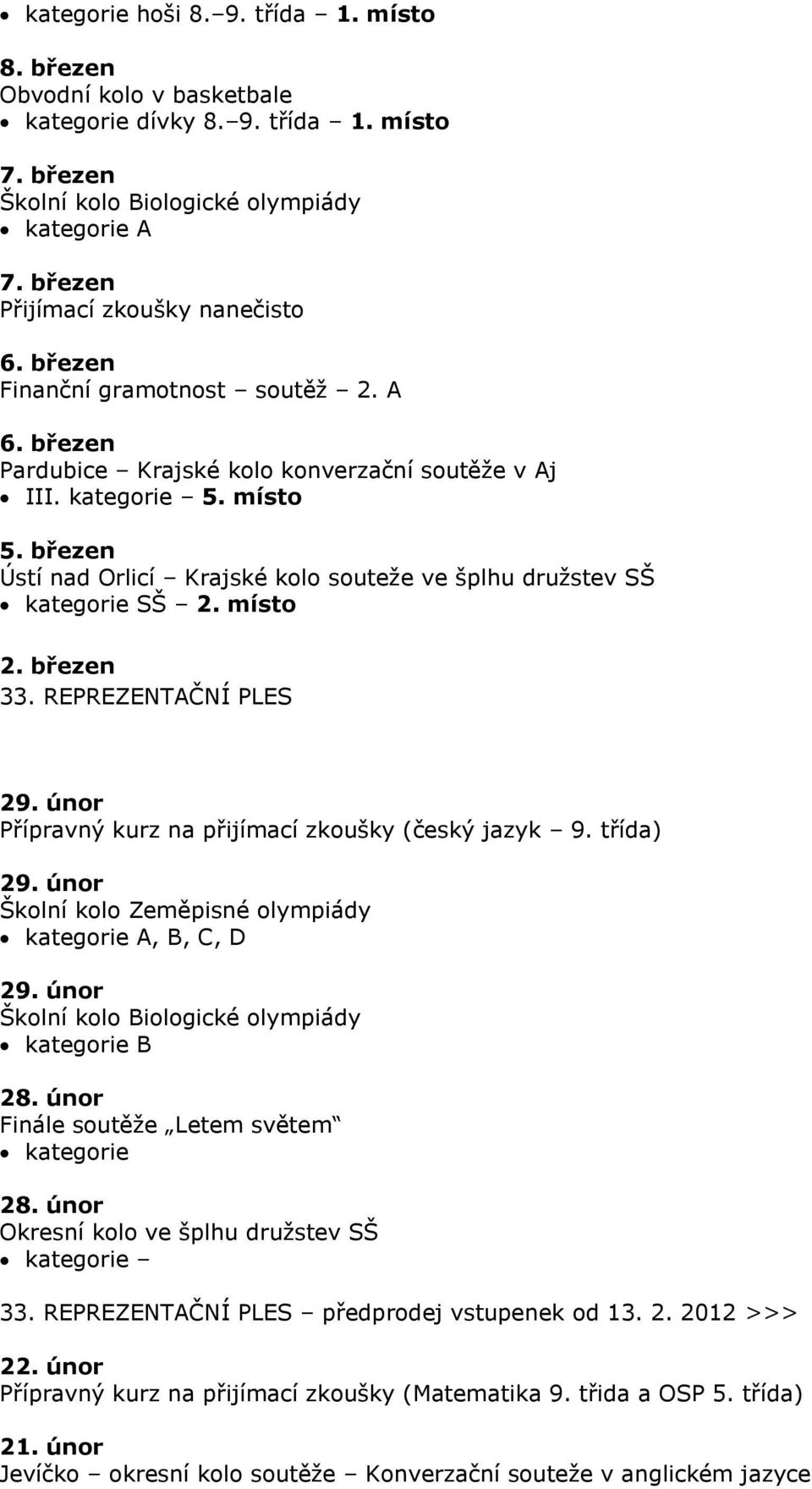 březen Ústí nad Orlicí Krajské kolo souteže ve šplhu družstev SŠ kategorie SŠ 2. místo 2. březen 33. REPREZENTAČNÍ PLES 29. únor Přípravný kurz na přijímací zkoušky (český jazyk 9. třída) 29.