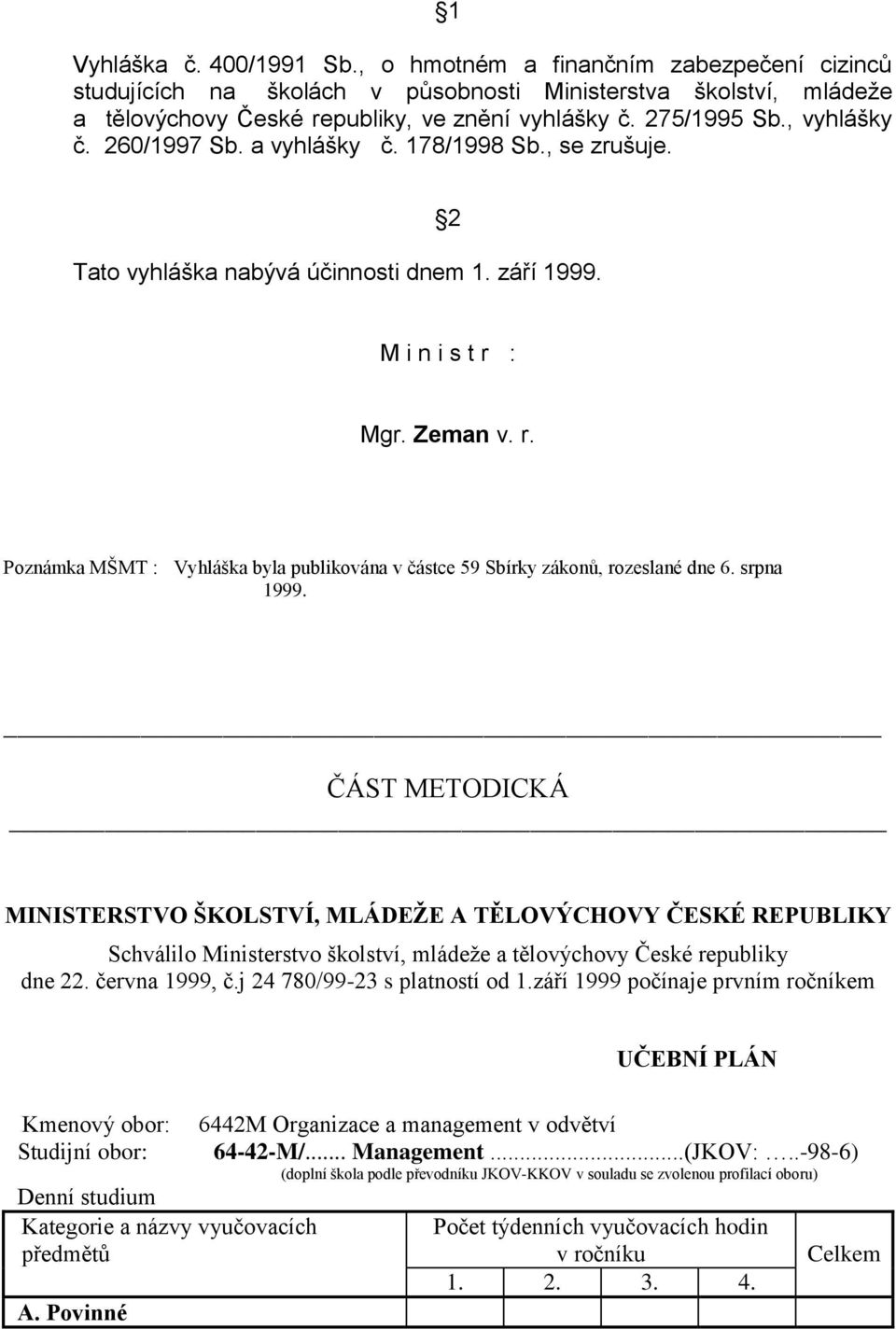 : Mgr. Zeman v. r. Poznámka MŠMT : Vyhláška byla publikována v částce 59 Sbírky zákonů, rozeslané dne 6. srpna 1999.