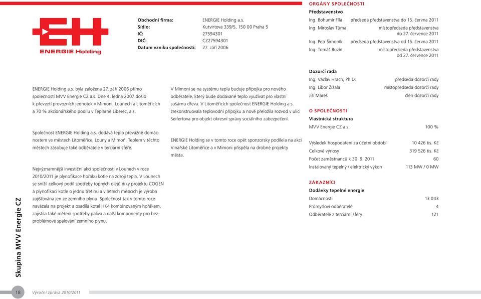 července 2011 Dozorčí rada Ing. Václav Hrach, Ph.D. předseda dozorčí rady ENERGIE Holding a.s. byla založena 27. září 2006 přímo společností MVV Energie CZ a.s. Dne 4.
