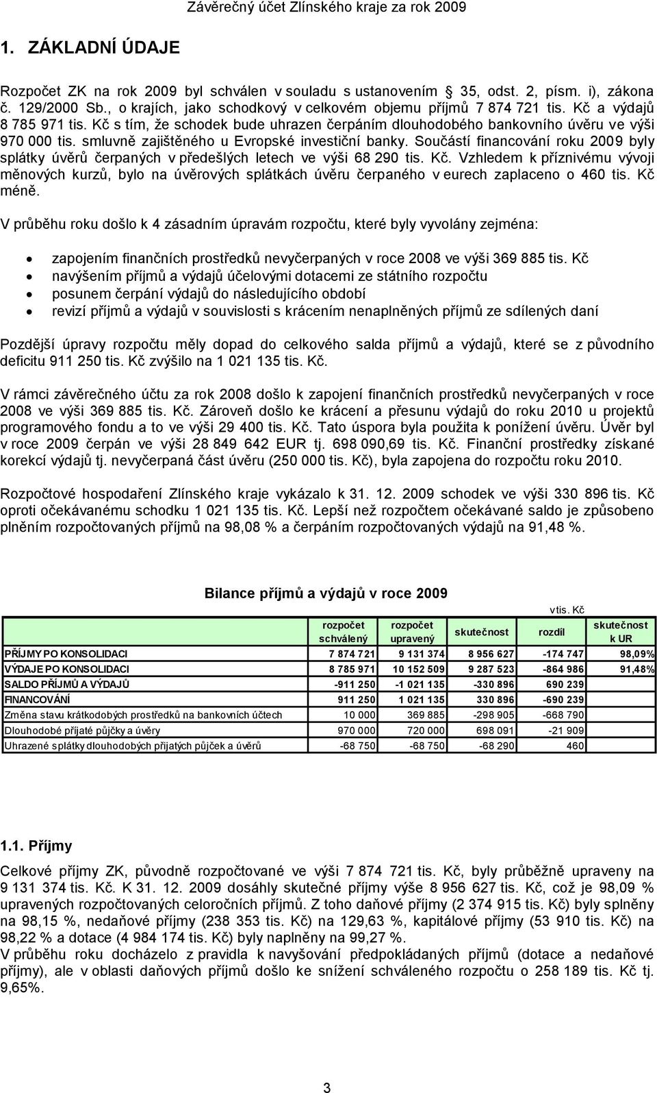 smluvně zajištěného u Evropské investiční banky. Součástí financování roku 2009 byly splátky úvěrů čerpaných v předešlých letech ve výši 68 290 tis. Kč.