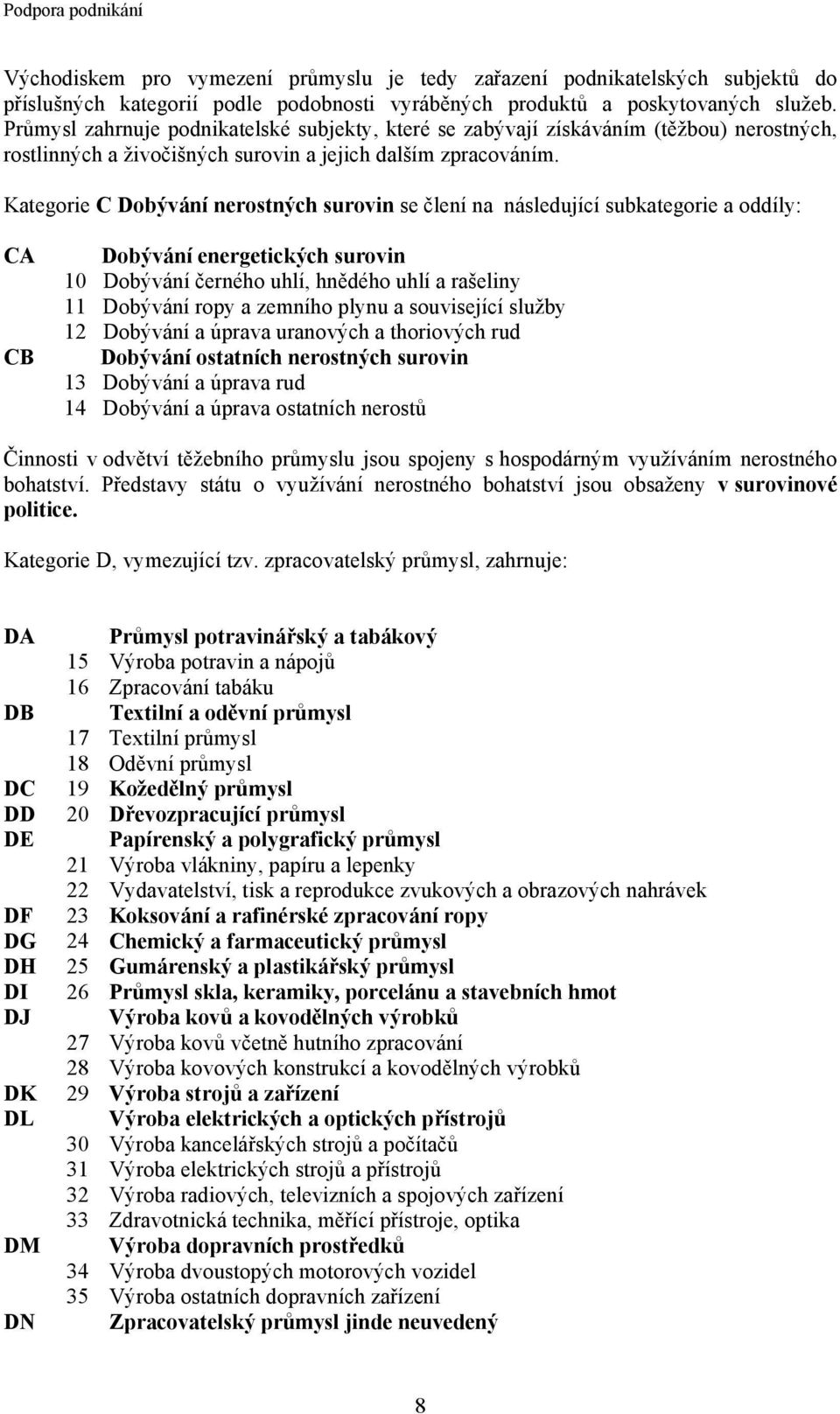 Kategorie C Dobývání nerostných surovin se člení na následující subkategorie a oddíly: CA CB Dobývání energetických surovin 10 Dobývání černého uhlí, hnědého uhlí a rašeliny 11 Dobývání ropy a