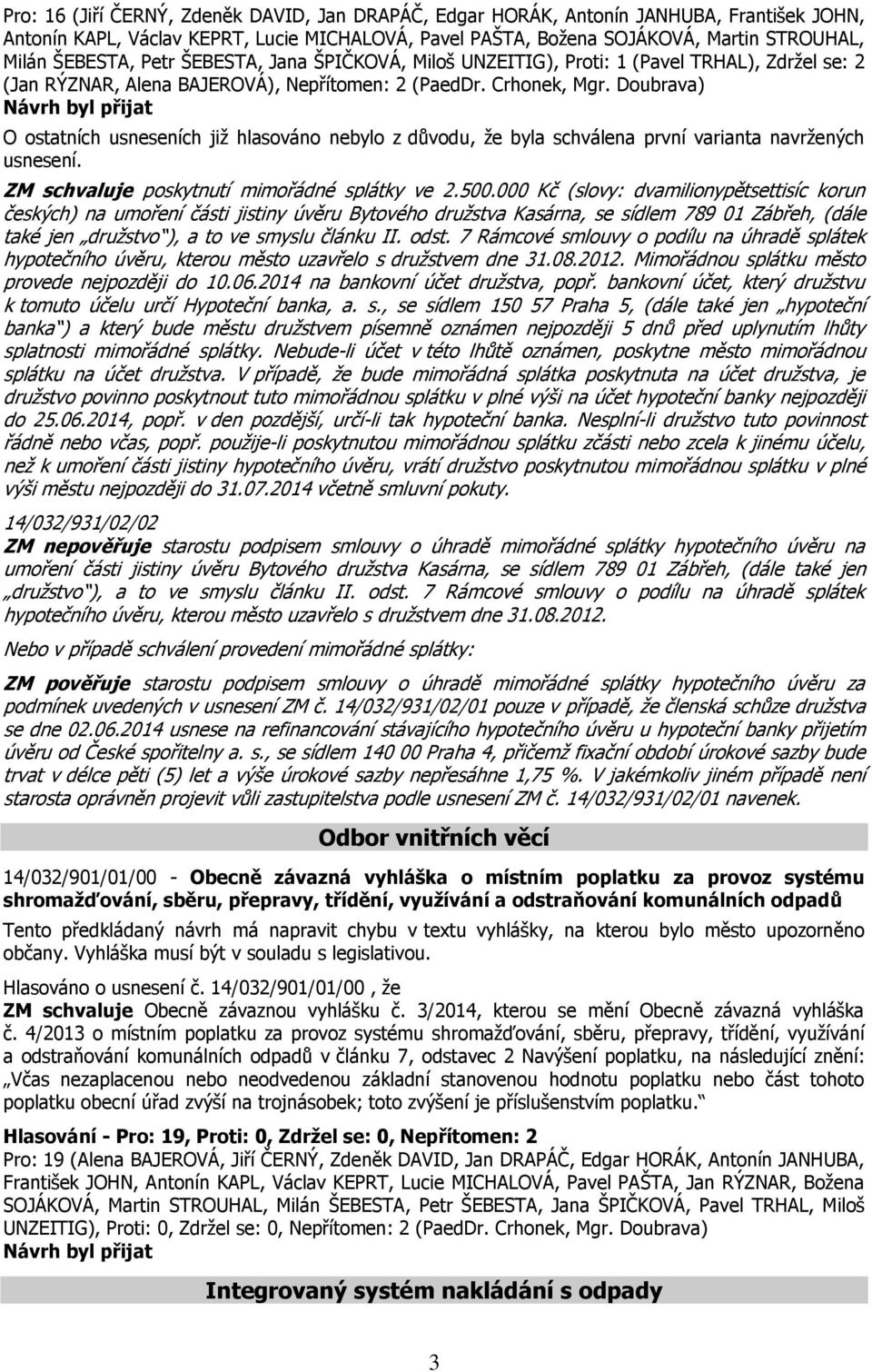 Doubrava) O ostatních usneseních již hlasováno nebylo z důvodu, že byla schválena první varianta navržených usnesení. ZM schvaluje poskytnutí mimořádné splátky ve 2.500.
