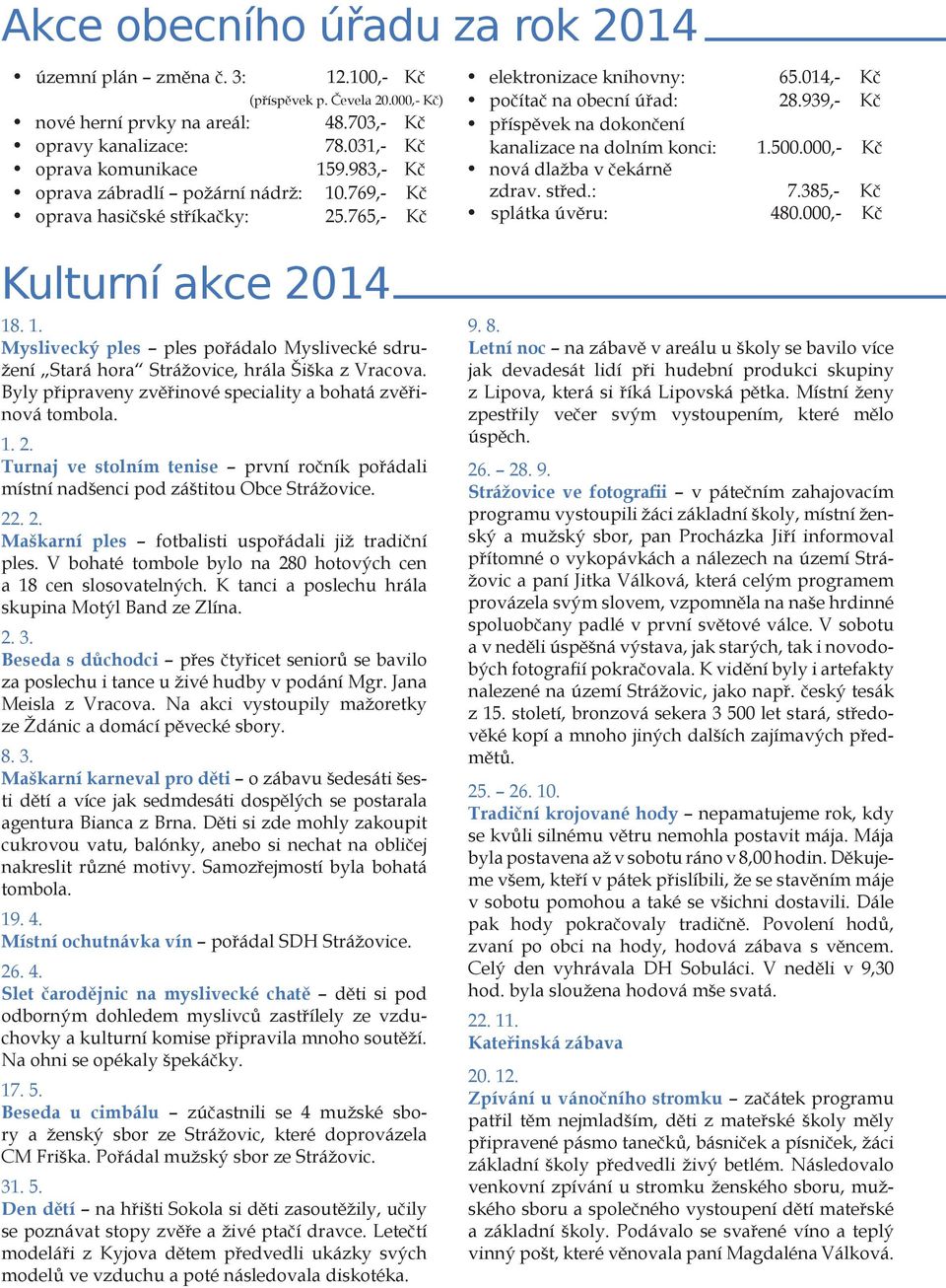 939,- Kč příspěvek na dokončení kanalizace na dolním konci: 1.500.000,- Kč nová dlažba v čekárně zdrav. střed.: 7.385,- Kč splátka úvěru: 480.000,- Kč Kulturní akce 2014 18. 1. Myslivecký ples ples pořádalo Myslivecké sdružení Stará hora Strážovice, hrála Šiška z Vracova.