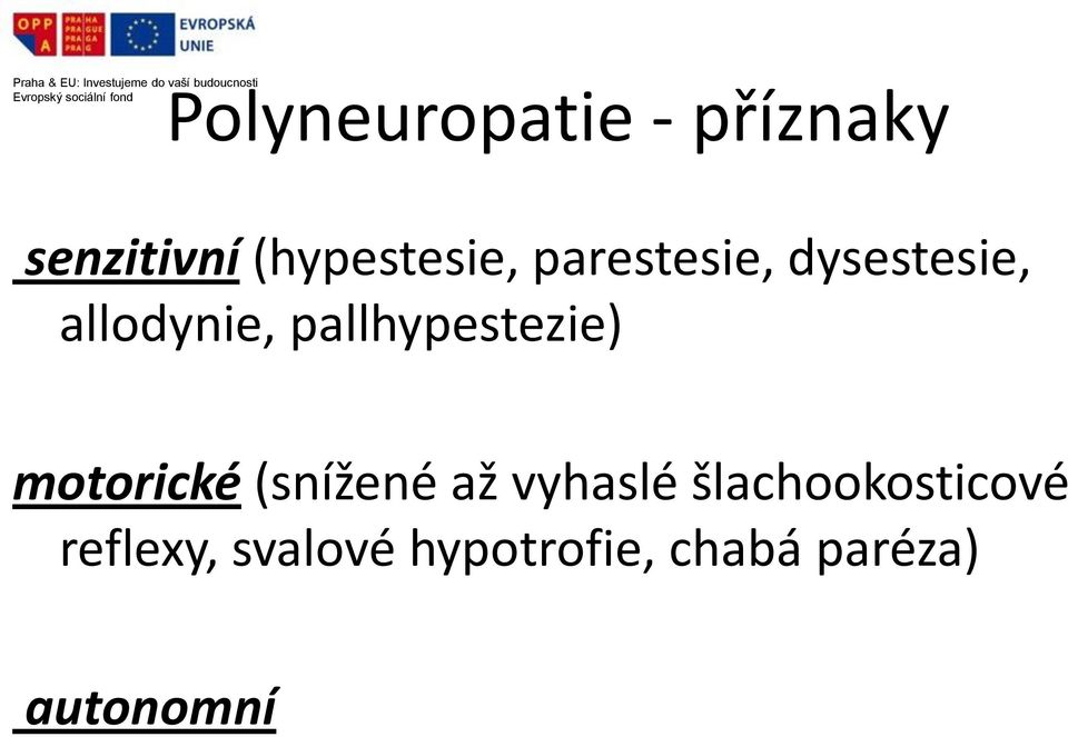 allodynie, pallhypestezie) motorické (snížené až vyhaslé