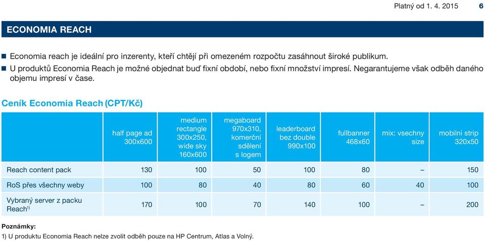 Ceník Economia Reach (CPT/Kč) half page ad 300x600 medium rectangle 300x250, wide sky 160x600 megaboard 970x310, komerční sdělení s logem leaderboard bez double 990x100 fullbanner 468x60