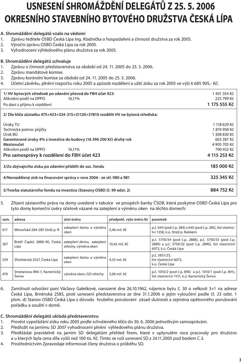 Zprávu o činnosti představenstva za období od 24. 11. 2005 do 25. 5. 2006. 2. Zprávu mandátové komise. 3. Zprávu kontrolní komise za období od 24. 11. 2005 do 25. 5. 2006. 4.