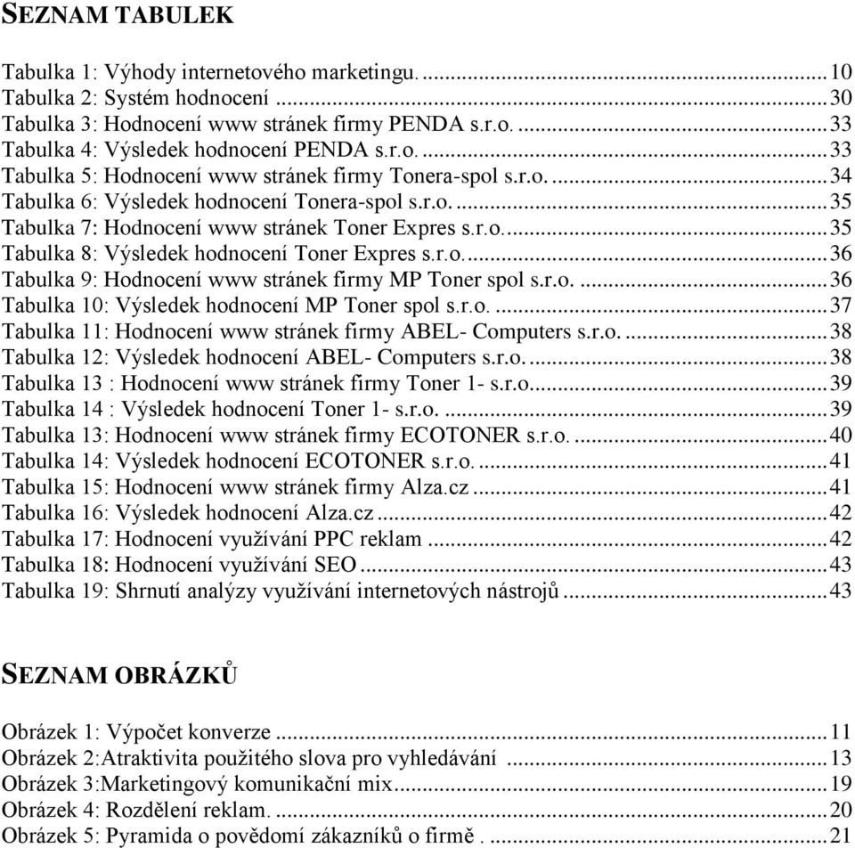 r.o.... 36 Tabulka 10: Výsledek hodnocení MP Toner spol s.r.o.... 37 Tabulka 11: Hodnocení www stránek firmy ABEL- Computers s.r.o.... 38 Tabulka 12: Výsledek hodnocení ABEL- Computers s.r.o.... 38 Tabulka 13 : Hodnocení www stránek firmy Toner 1- s.