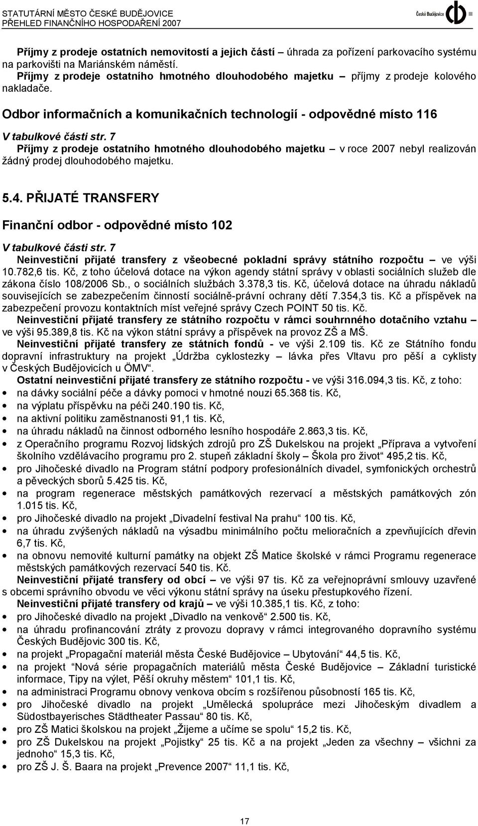 7 Příjmy z prodeje ostatního hmotného dlouhodobého majetku v roce 2007 nebyl realizován žádný prodej dlouhodobého majetku. 5.4.