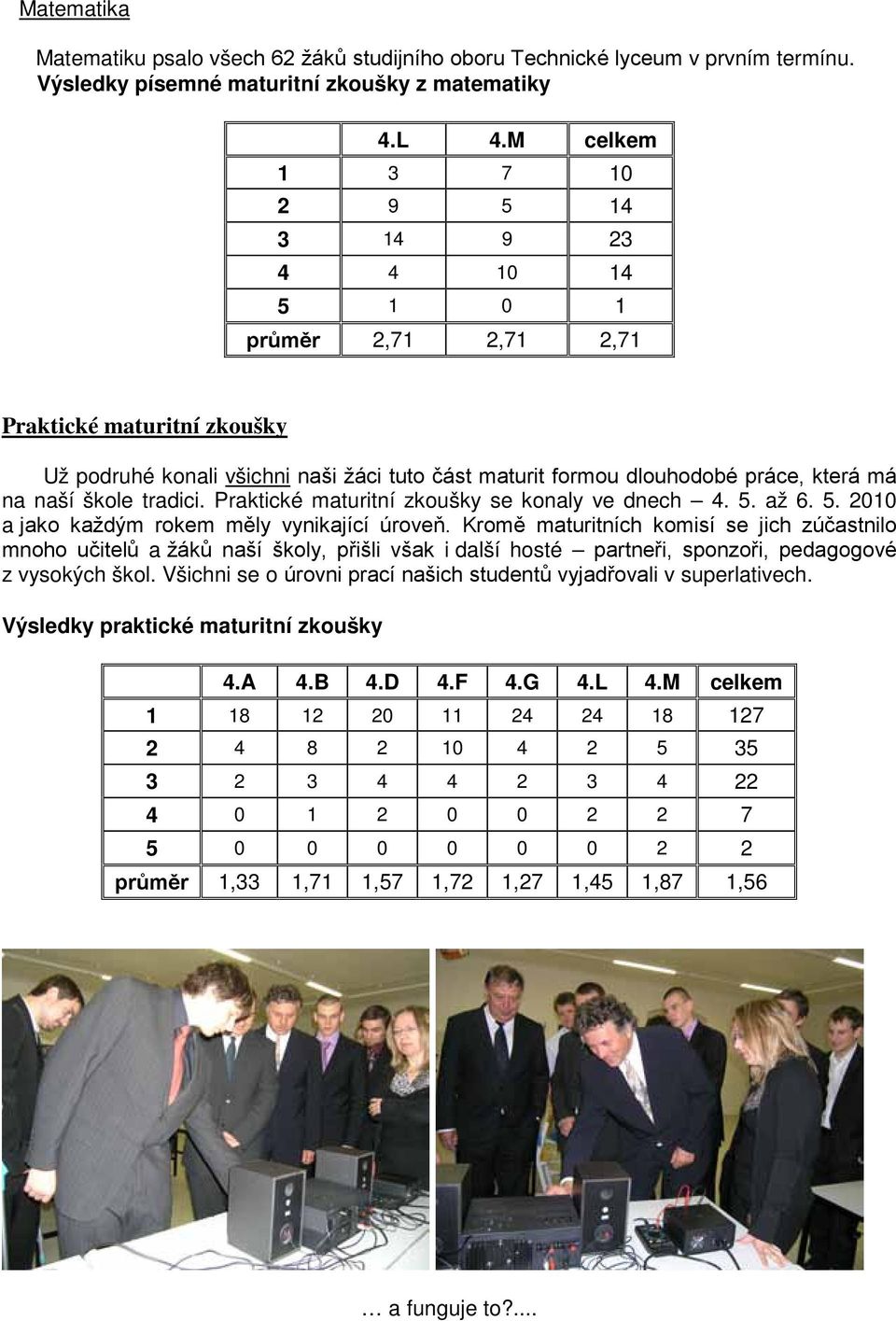 naší škole tradici. Praktické maturitní zkoušky se konaly ve dnech 4. 5. až 6. 5. 2010 a jako každým rokem měly vynikající úroveň.