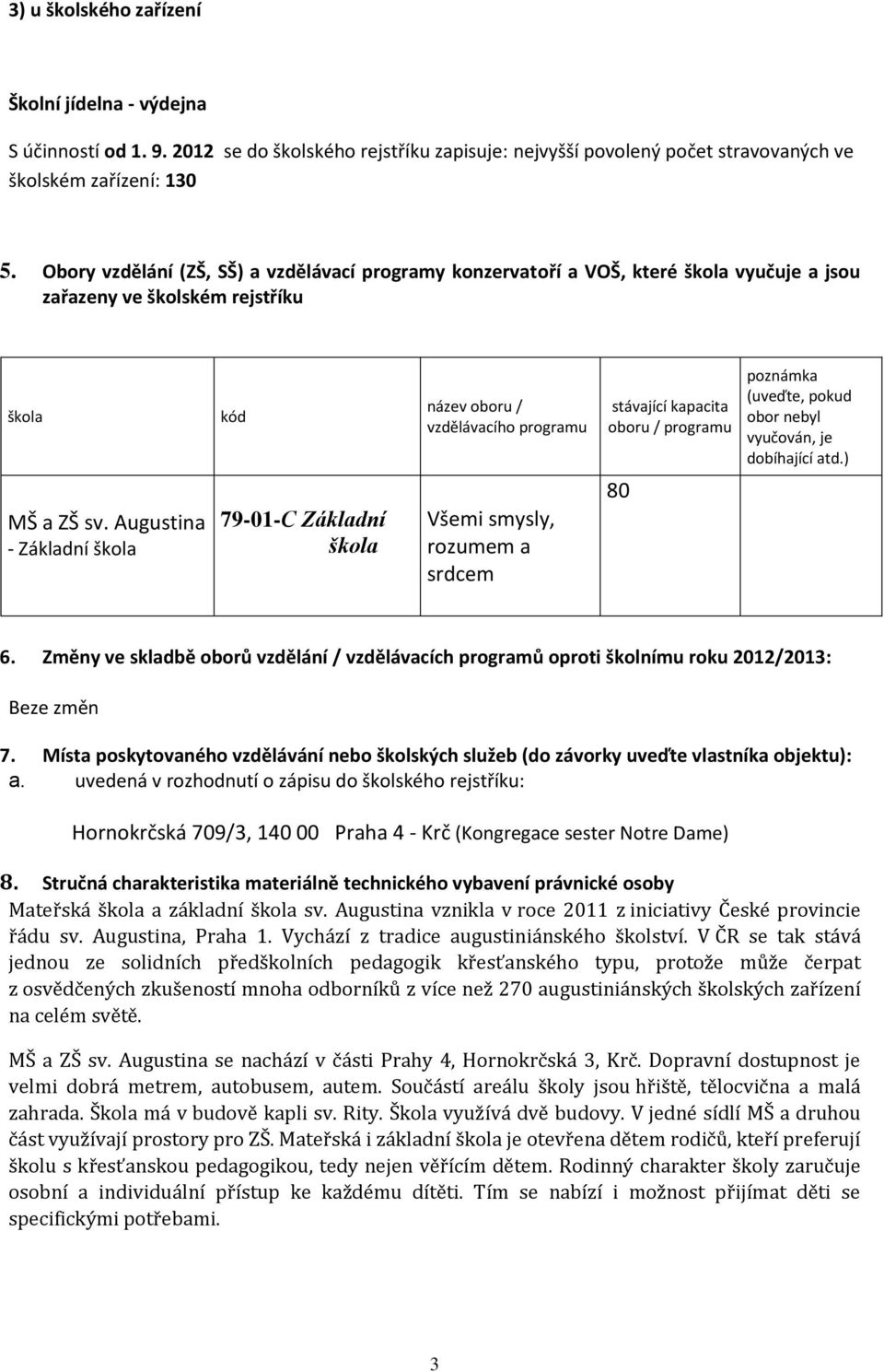 programu poznámka (uveďte, pokud obor nebyl vyučován, je dobíhající atd.) MŠ a ZŠ sv. Augustina - Základní škola 79-01-C Základní škola Všemi smysly, rozumem a srdcem 80 6.