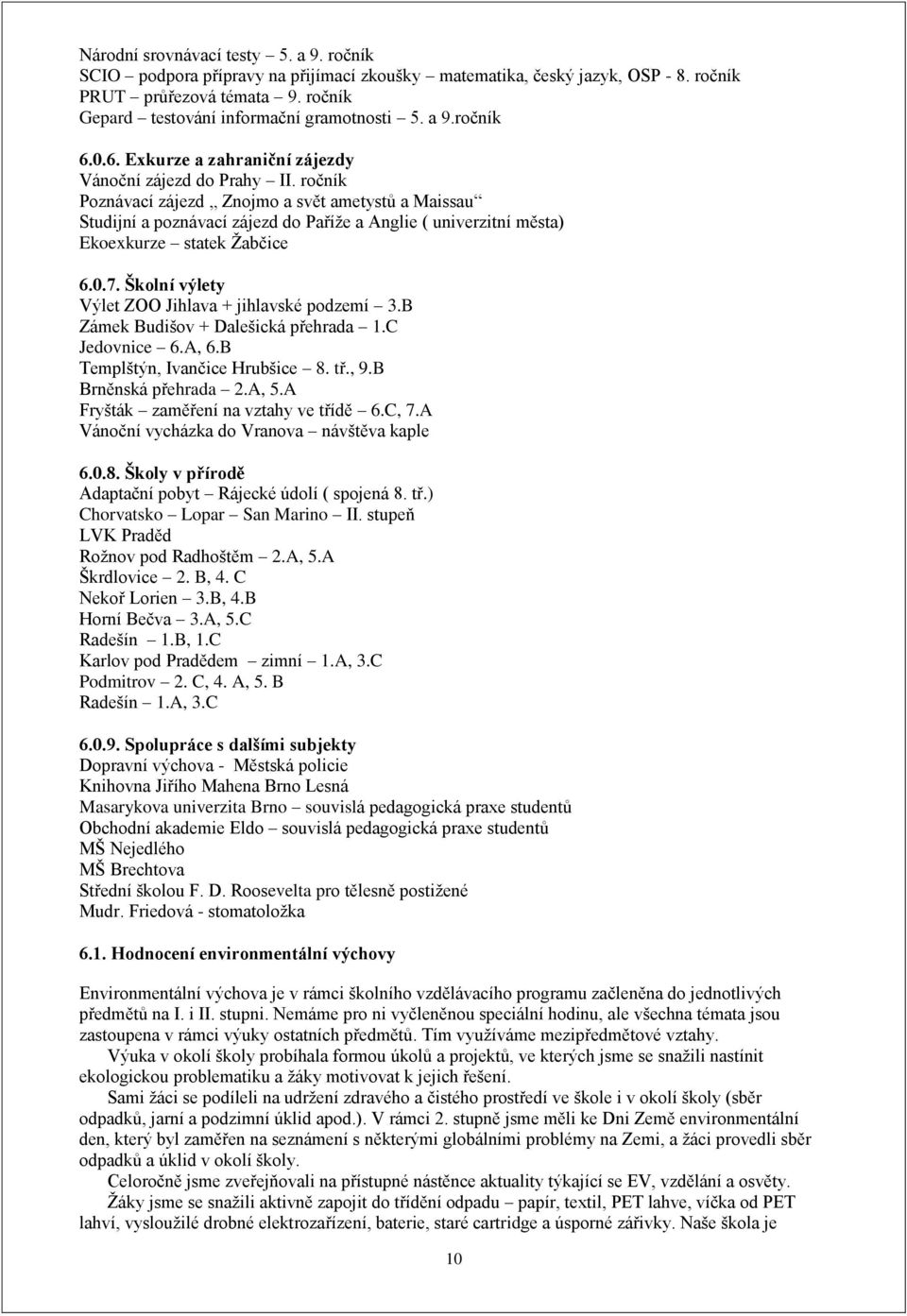 ročník Poznávací zájezd Znojmo a svět ametystů a Maissau Studijní a poznávací zájezd do Paříže a Anglie ( univerzitní města) Ekoexkurze statek Žabčice 6.0.7.