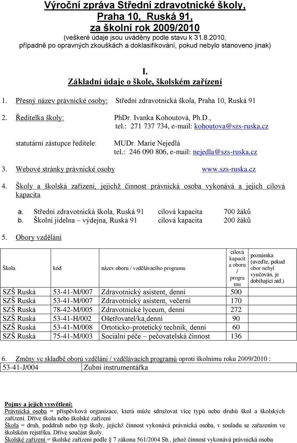 Přesný název právnické osoby: Střední zdravotnická škola, Praha 10, Ruská 91 2. Ředitelka školy: PhDr. Ivanka Kohoutová, Ph.D., tel.: 271 737 734, e-mail: kohoutova@szs-ruska.