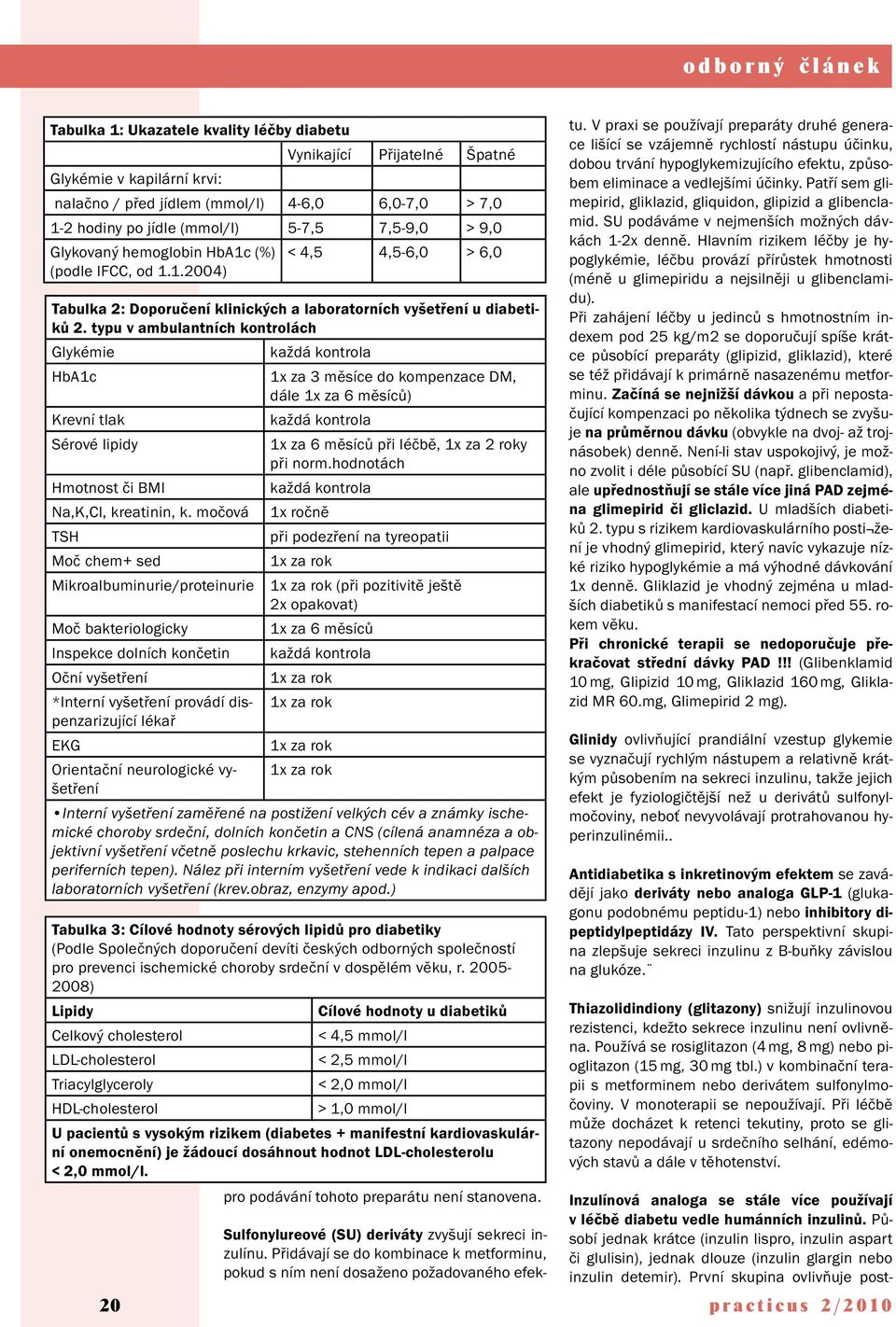 typu v ambulantních kontrolách Glykémie každá kontrola HbA1c 1x za 3 měsíce do kompenzace DM, dále 1x za 6 měsíců) Krevní tlak každá kontrola Sérové lipidy 1x za 6 měsíců při léčbě, 1x za 2 roky při