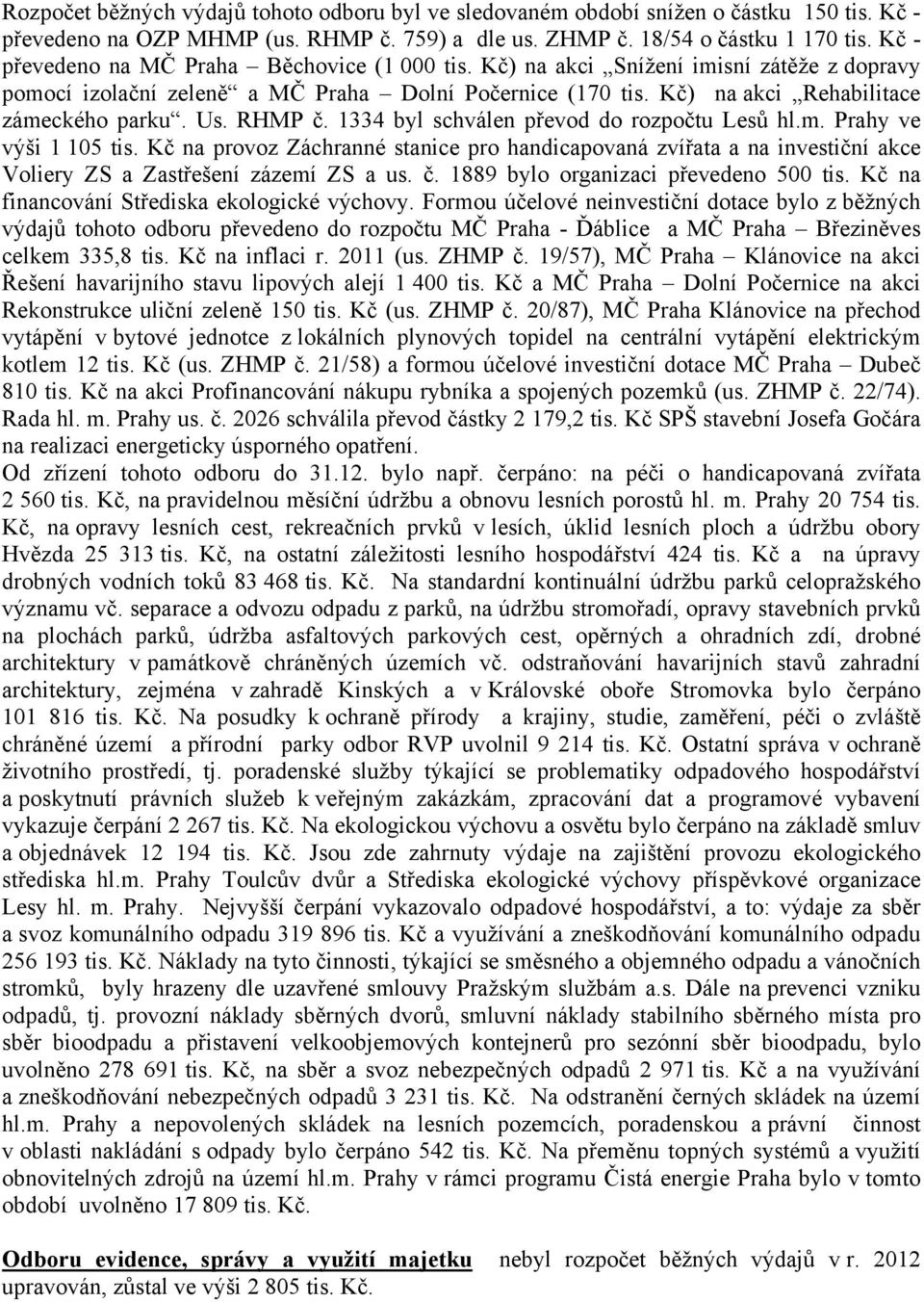 RHMP č. 1334 byl schválen převod do rozpočtu Lesů hl.m. Prahy ve výši 1 105 tis. Kč na provoz Záchranné stanice pro handicapovaná zvířata a na investiční akce Voliery ZS a Zastřešení zázemí ZS a us.