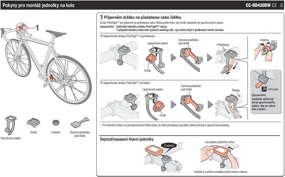 Při připevňování držáku FlexTight na představec : Upevňovací pásek Gumová podložka pod držák Představec Kolečko Držák Při připevňování držáku FlexTight na řidítka : Upevňovací pásek Gumová podložka