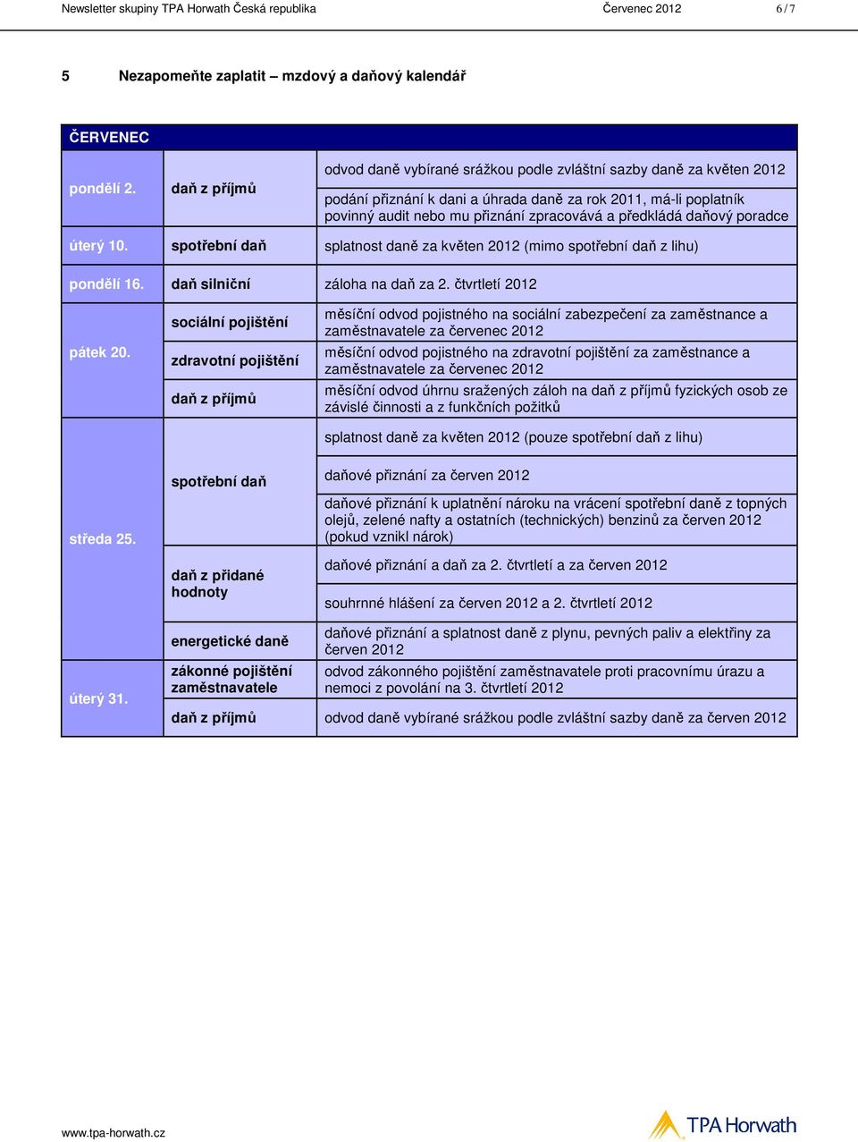 poradce úterý 10. spotřební daň splatnost daně za květen 2012 (mimo spotřební daň z lihu) pondělí 16. daň silniční záloha na daň za 2. čtvrtletí 2012 pátek 20.