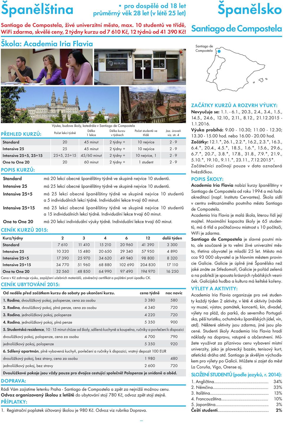 Škola: Academia Iria Flavia Santiago de Compostela Santiago de Compostela Výuka, budova školy, katedrála v Santiago de Compostela Standard 20 45 minut 2 týdny + 10 nejvíce 2-9 Intensive 25 25 45