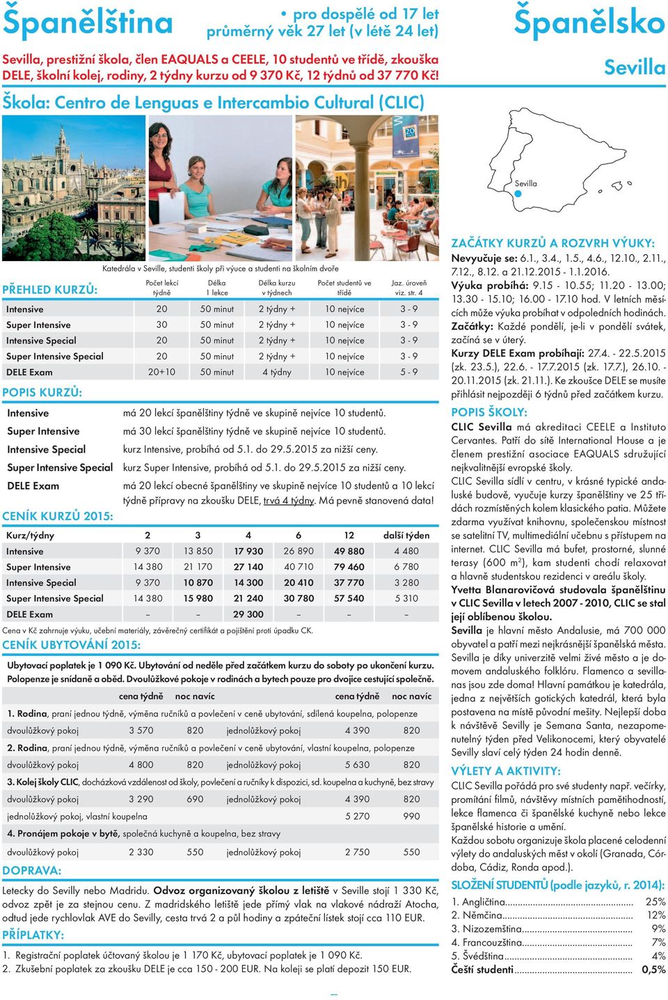 Škola: Centro de Lenguas e Intercambio Cultural (CLIC) Sevilla Sevilla Katedrála v Seville, studenti školy při výuce a studenti na školním dvoře Intensive 20 50 minut 2 týdny + 10 nejvíce 3-9 Super