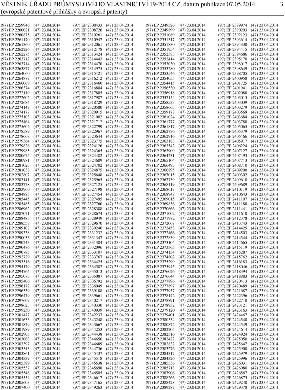 04.2014 (97) EP 2264060 (47) 23.04.2014 (97) EP 2264877 (47) 23.04.2014 (97) EP 2266069 (47) 23.04.2014 (97) EP 2266374 (47) 23.04.2014 (97) EP 2272119 (47) 23.04.2014 (97) EP 2272602 (47) 23.04.2014 (97) EP 2272684 (47) 23.