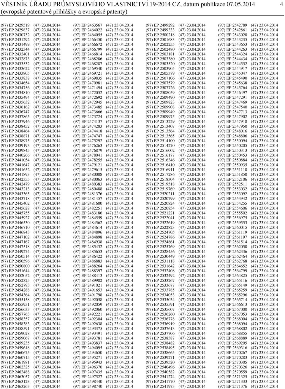 04.2014 (97) EP 2433805 (47) 23.04.2014 (97) EP 2433838 (47) 23.04.2014 (97) EP 2434654 (47) 23.04.2014 (97) EP 2434756 (47) 23.04.2014 (97) EP 2434810 (47) 23.04.2014 (97) EP 2435494 (47) 23.04.2014 (97) EP 2435632 (47) 23.
