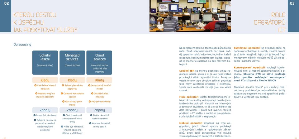 zápory Část dovedností a kompetencí mimo firmu Může být nákladné, vhodné spíše pro střední a větší firmy Cloud services (centrální služby ovládané přes internet) klady Jednoduchý funkční model
