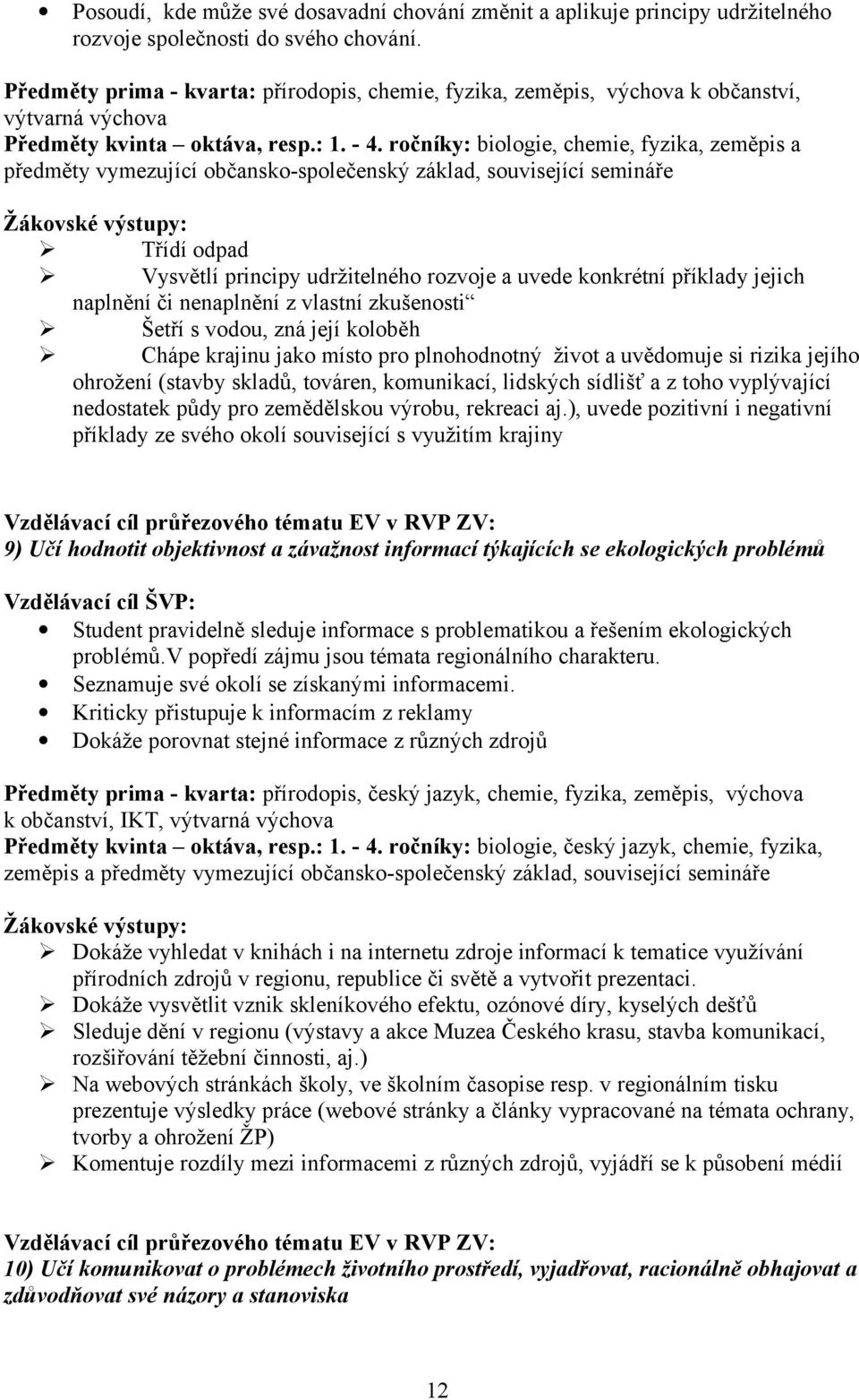 ročníky: biologie, chemie, fyzika, zeměpis a předměty vymezující občansko-společenský základ, související semináře Žákovské výstupy: Třídí odpad Vysvětlí principy udržitelného rozvoje a uvede