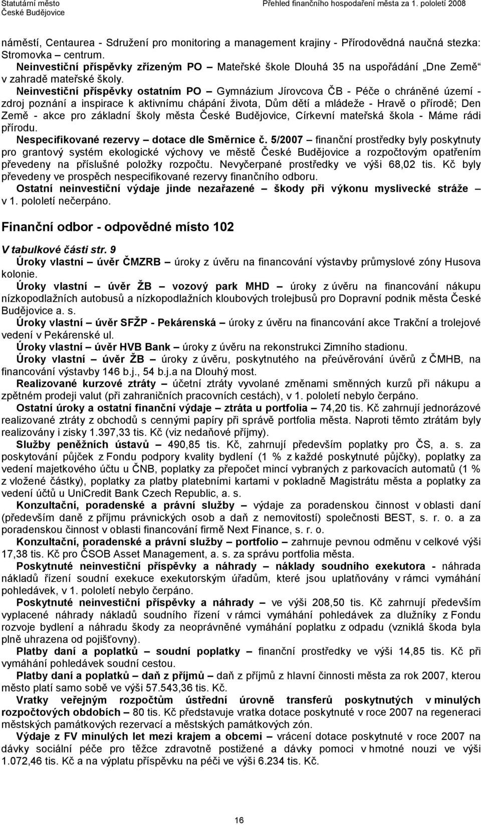 Neinvestiční příspěvky ostatním PO Gymnázium Jírovcova ČB - Péče o chráněné území - zdroj poznání a inspirace k aktivnímu chápání života, Dům dětí a mládeže - Hravě o přírodě; Den Země - akce pro