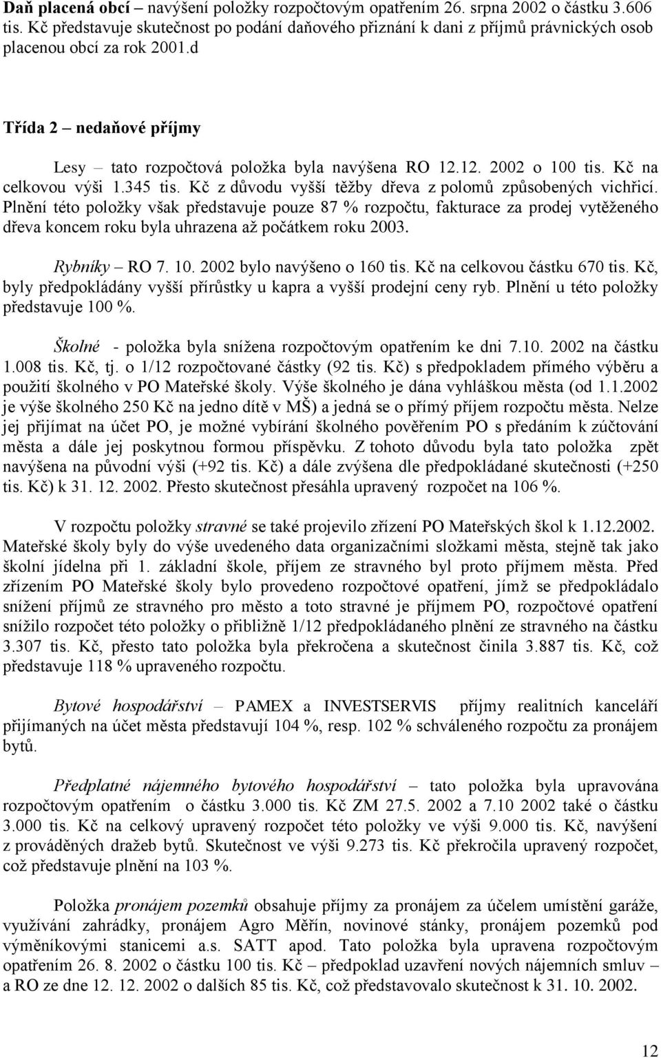 12. 2002 o 100 tis. Kč na celkovou výši 1.345 tis. Kč z důvodu vyšší těžby dřeva z polomů způsobených vichřicí.