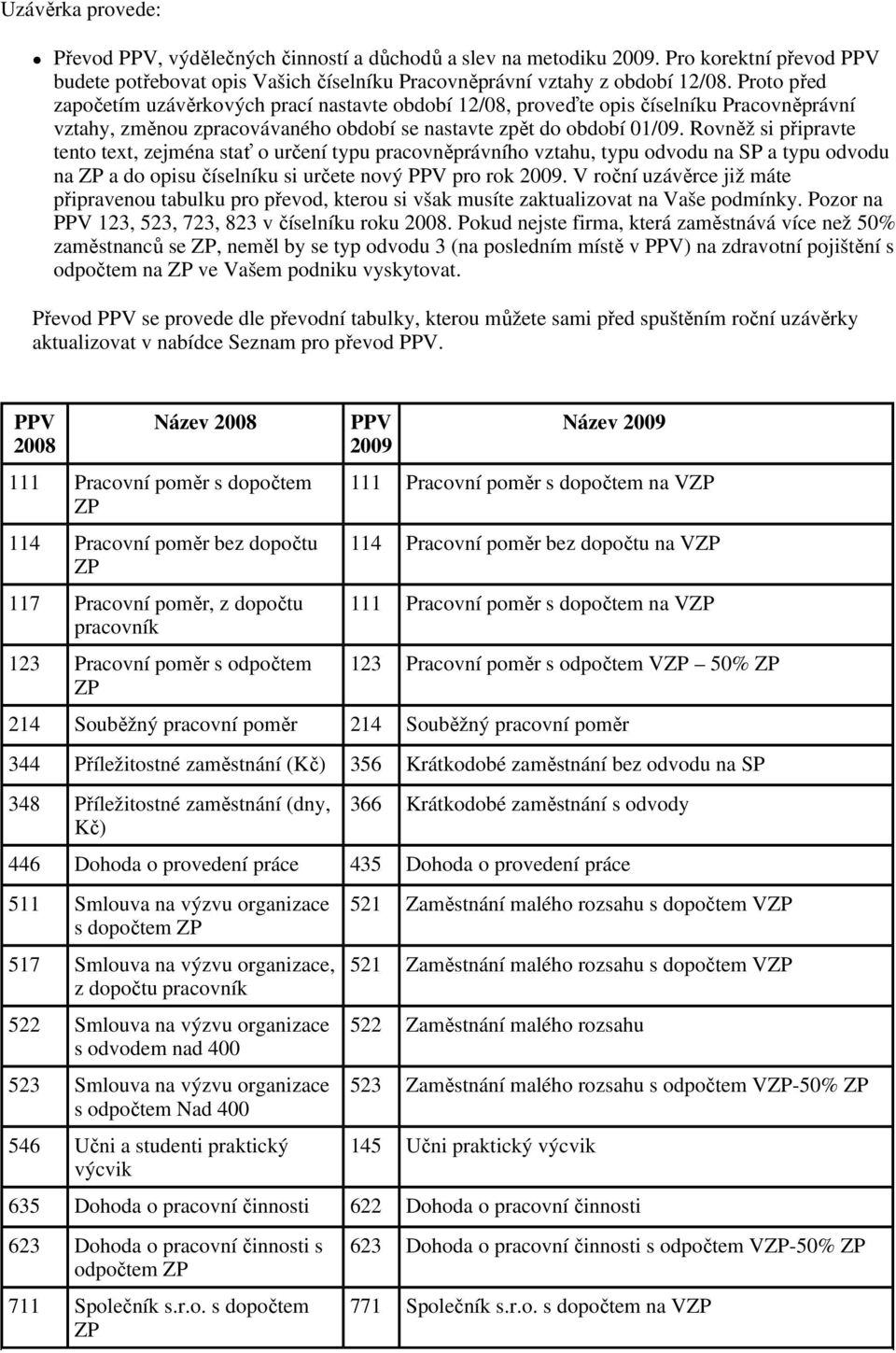 Rovněž si připravte tento text, zejména stať o určení typu pracovněprávního vztahu, typu odvodu na SP a typu odvodu na ZP a do opisu číselníku si určete nový PPV pro rok 2009.